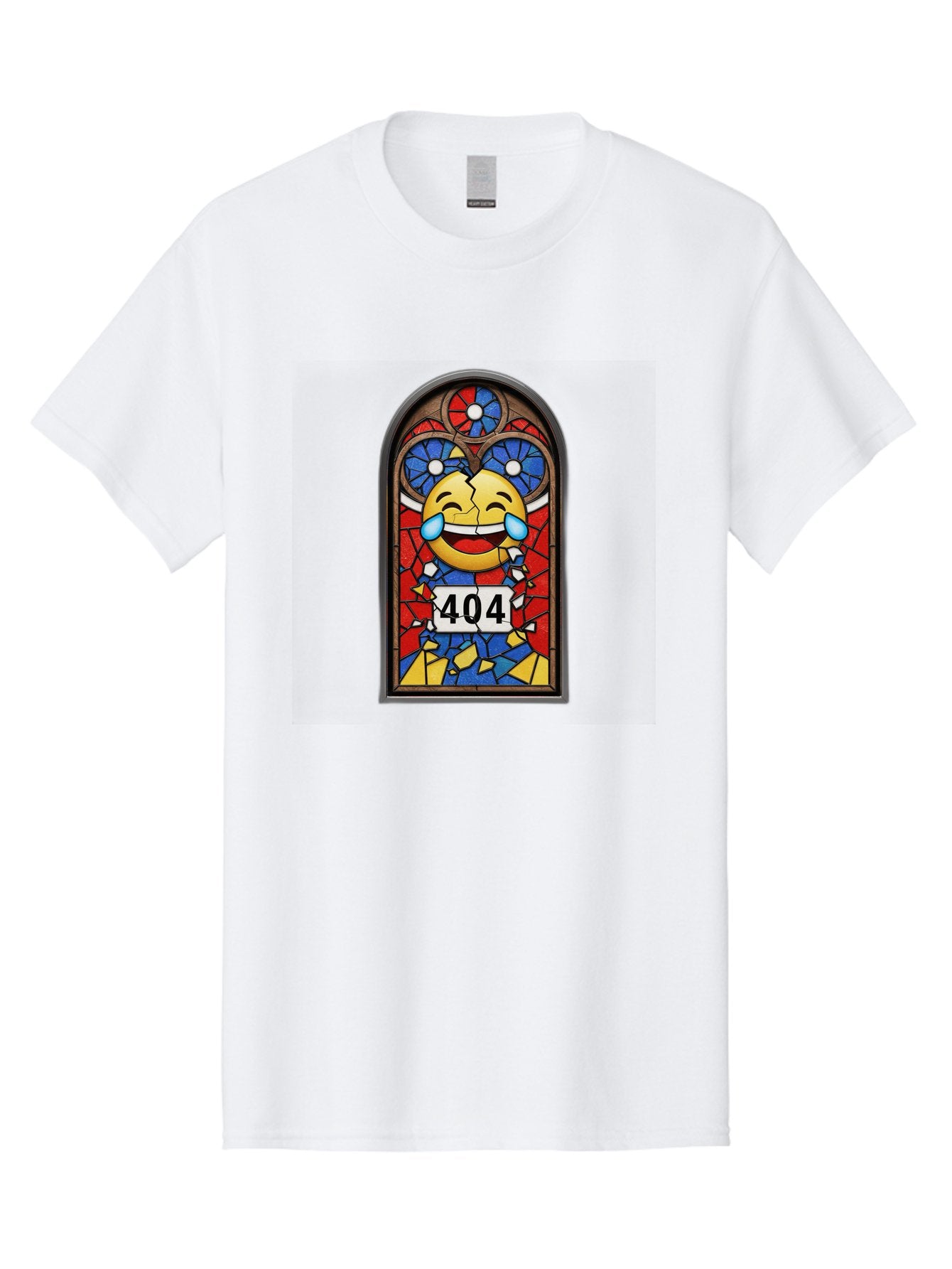 404-Emoji-Stained-Glass Men'S Graphic Tee, 100% Cotton, Comfortable Casual Summer Wear, Machine Washable, Stained Glass Window, Crying Laughing Emoji, Broken Glass, 404 Error, Humorous Design, Playful Art, Digital Illustration, Baa070 3
