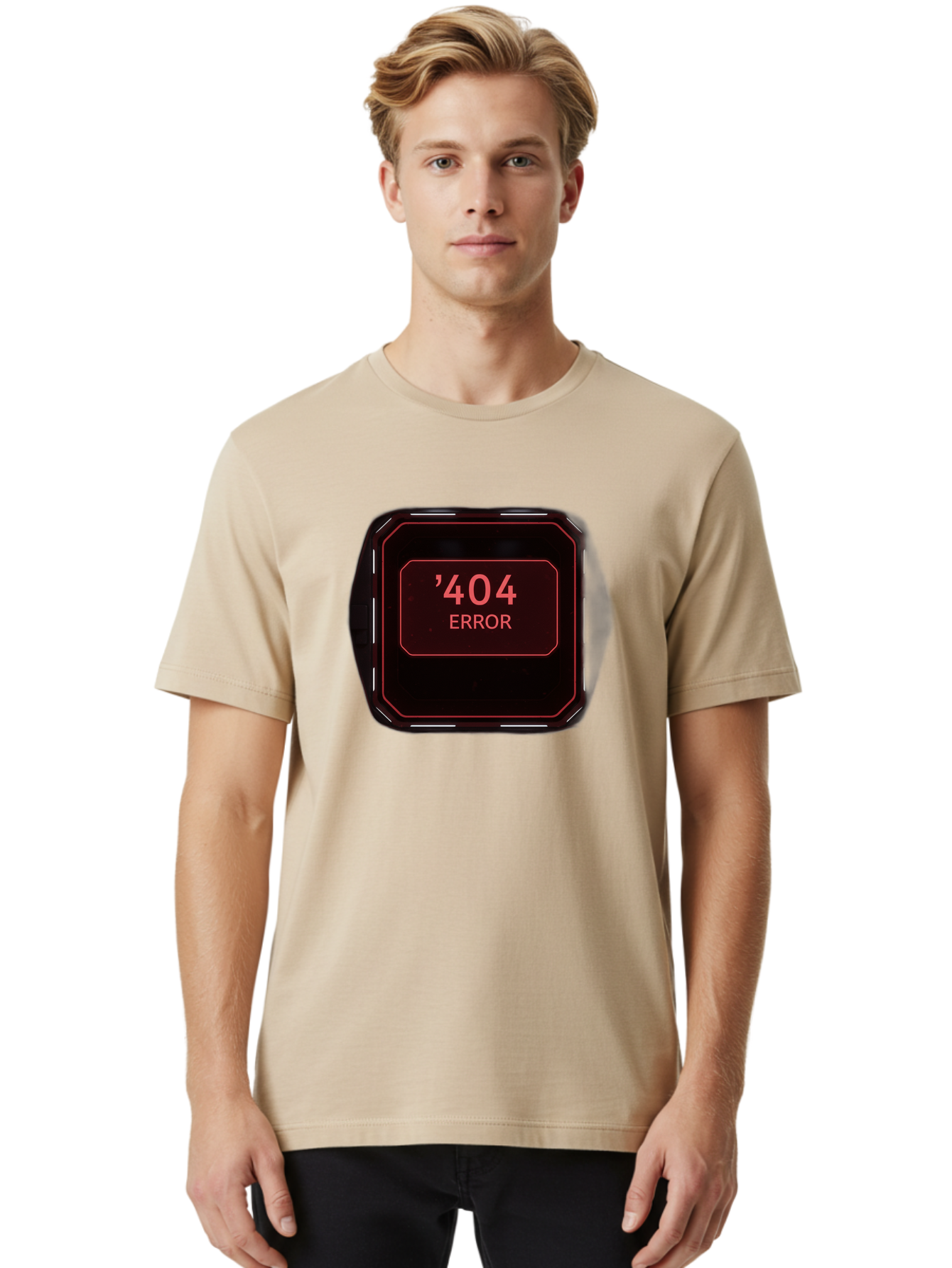 404-Error-5 Men'S Graphic Tee, 100% Cotton, Comfortable Casual Summer Wear, Machine Washable, 404 Error Message, Error Page, Website Error, Page Not Found, Futuristic Design, Digital Glitch, Red Neon Lights, Cyberpunk Aesthetic, Baa079
