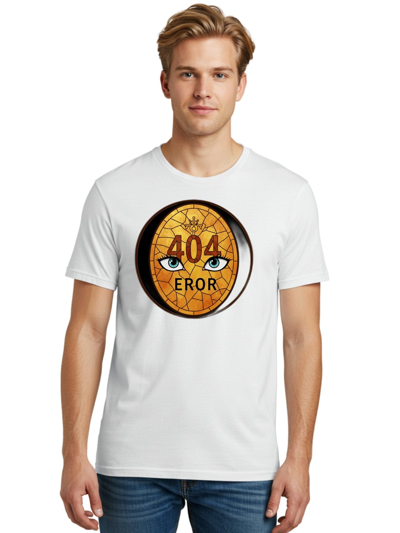 404-Error-7 Men'S Graphic Tee, 100% Cotton, Comfortable Casual Summer Wear, Machine Washable, 404 Error Message, Stained Glass Art, Mysterious Eyes, Website Error, Broken Link, Technical Issue, Surreal Design, Eye-Catching Graphic, Baa081 24