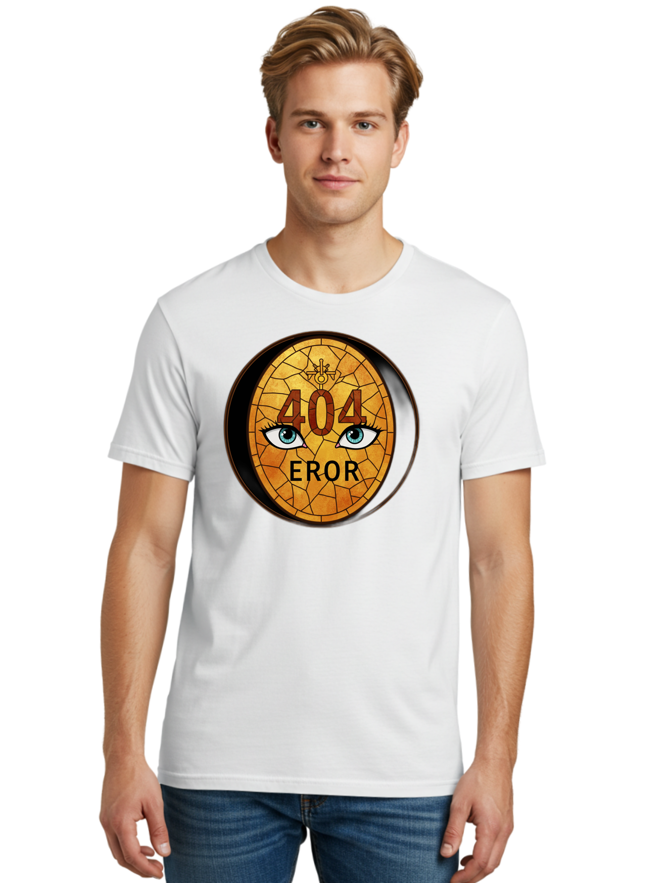 404-Error-7 Men'S Graphic Tee, 100% Cotton, Comfortable Casual Summer Wear, Machine Washable, 404 Error Message, Stained Glass Art, Mysterious Eyes, Website Error, Broken Link, Technical Issue, Surreal Design, Eye-Catching Graphic, Baa081 14