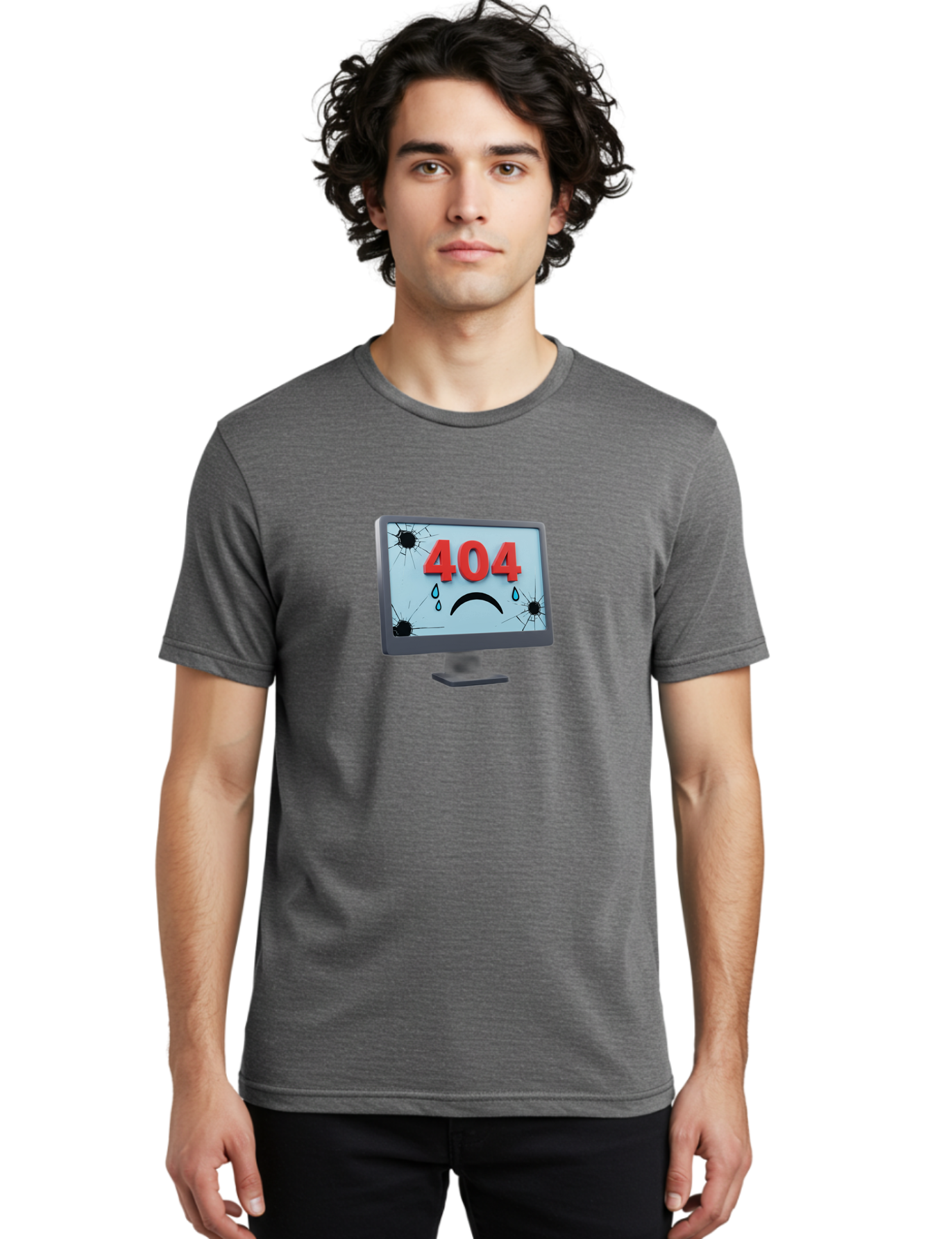 404-Error-Screen-1 Men'S Graphic Tee, 100% Cotton, Comfortable Casual Summer Wear, Machine Washable, Computer Monitor, 404 Error Message, Cracked Screen, Sad Face Emoticon, Blue Tears, Error Notification, Broken Display, Technical Issue, Baa090 16