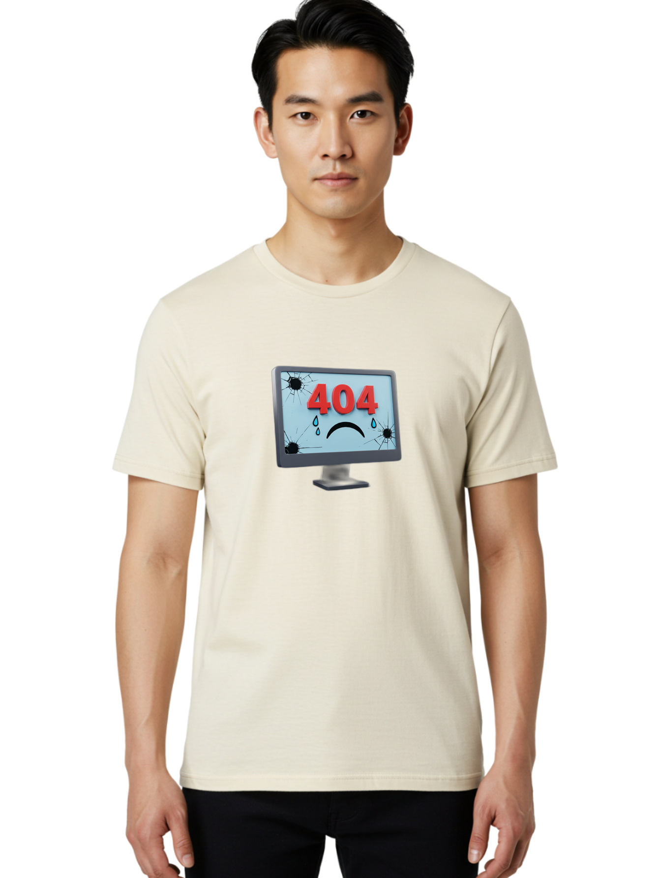 404-Error-Screen-1 Men'S Graphic Tee, 100% Cotton, Comfortable Casual Summer Wear, Machine Washable, Computer Monitor, 404 Error Message, Cracked Screen, Sad Face Emoticon, Blue Tears, Error Notification, Broken Display, Technical Issue, Baa090 29