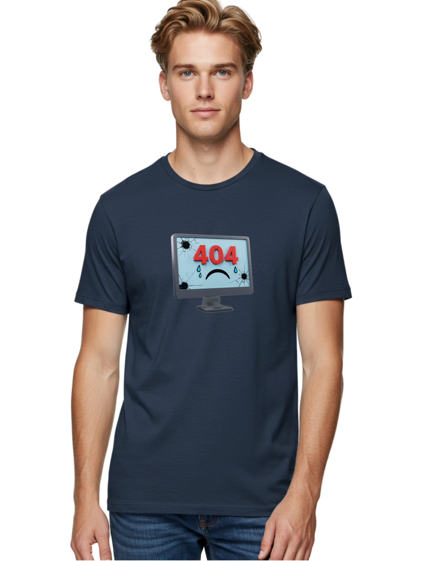404-Error-Screen-1 Men'S Graphic Tee, 100% Cotton, Comfortable Casual Summer Wear, Machine Washable, Computer Monitor, 404 Error Message, Cracked Screen, Sad Face Emoticon, Blue Tears, Error Notification, Broken Display, Technical Issue, Baa090 20