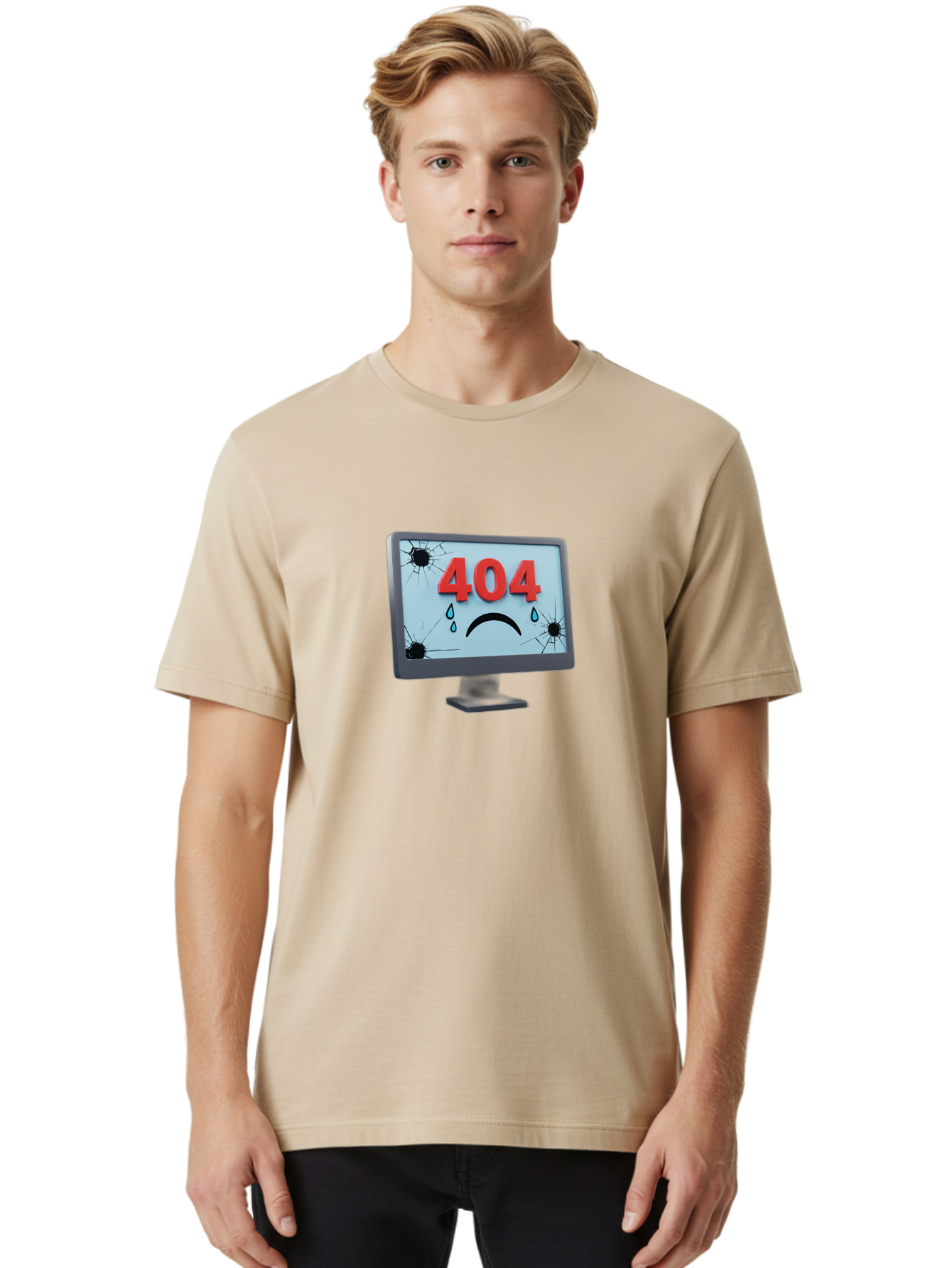 404-Error-Screen-1 Men'S Graphic Tee, 100% Cotton, Comfortable Casual Summer Wear, Machine Washable, Computer Monitor, 404 Error Message, Cracked Screen, Sad Face Emoticon, Blue Tears, Error Notification, Broken Display, Technical Issue, Baa090 28