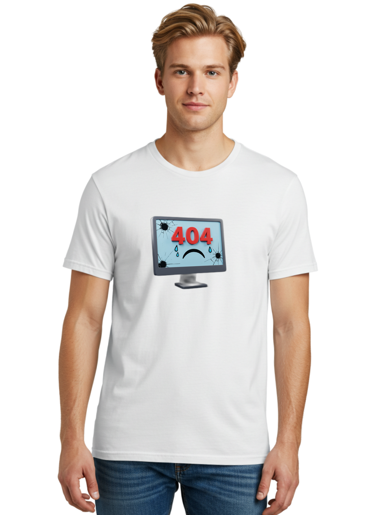404-Error-Screen-1 Men'S Graphic Tee, 100% Cotton, Comfortable Casual Summer Wear, Machine Washable, Computer Monitor, 404 Error Message, Cracked Screen, Sad Face Emoticon, Blue Tears, Error Notification, Broken Display, Technical Issue, Baa090 25