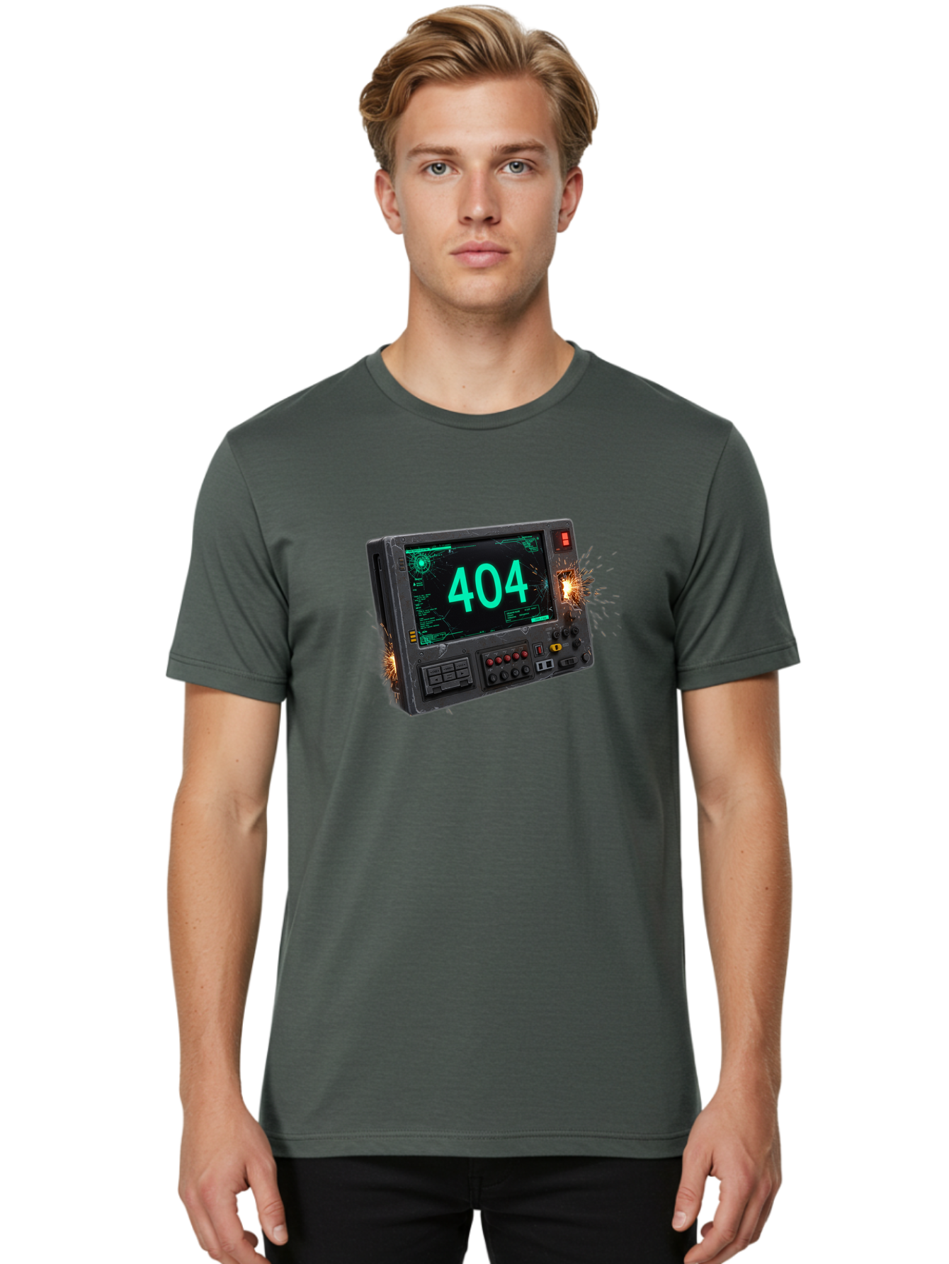 404-Error-Screen Men'S Graphic Tee, 100% Cotton, Comfortable Casual Summer Wear, Machine Washable, Error Message, 404, Computer Screen, Sparks Flying, Malfunctioning, Cyberpunk, Digital Glitches, Futuristic Technology, Error Code Baa091 30
