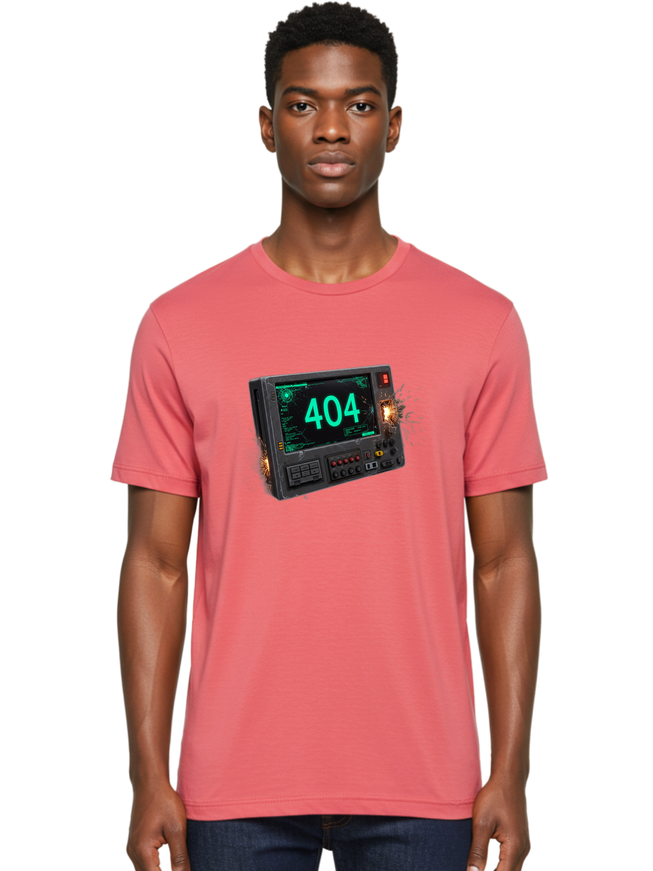 404-Error-Screen Men'S Graphic Tee, 100% Cotton, Comfortable Casual Summer Wear, Machine Washable, Error Message, 404, Computer Screen, Sparks Flying, Malfunctioning, Cyberpunk, Digital Glitches, Futuristic Technology, Error Code Baa091 6