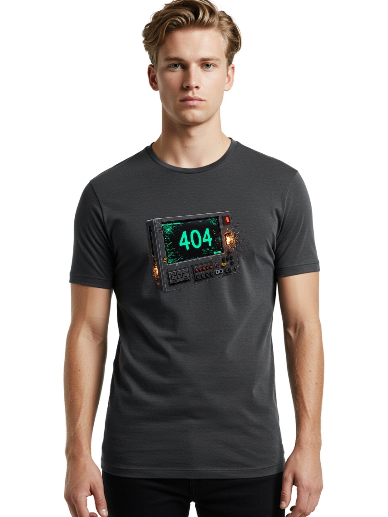 404-Error-Screen Men'S Graphic Tee, 100% Cotton, Comfortable Casual Summer Wear, Machine Washable, Error Message, 404, Computer Screen, Sparks Flying, Malfunctioning, Cyberpunk, Digital Glitches, Futuristic Technology, Error Code Baa091 21