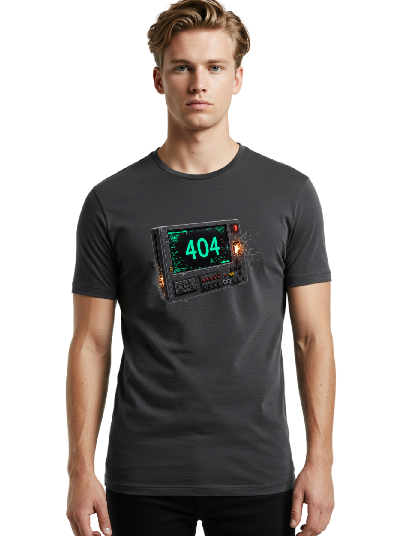 404-Error-Screen Men'S Graphic Tee, 100% Cotton, Comfortable Casual Summer Wear, Machine Washable, Error Message, 404, Computer Screen, Sparks Flying, Malfunctioning, Cyberpunk, Digital Glitches, Futuristic Technology, Error Code Baa091 20