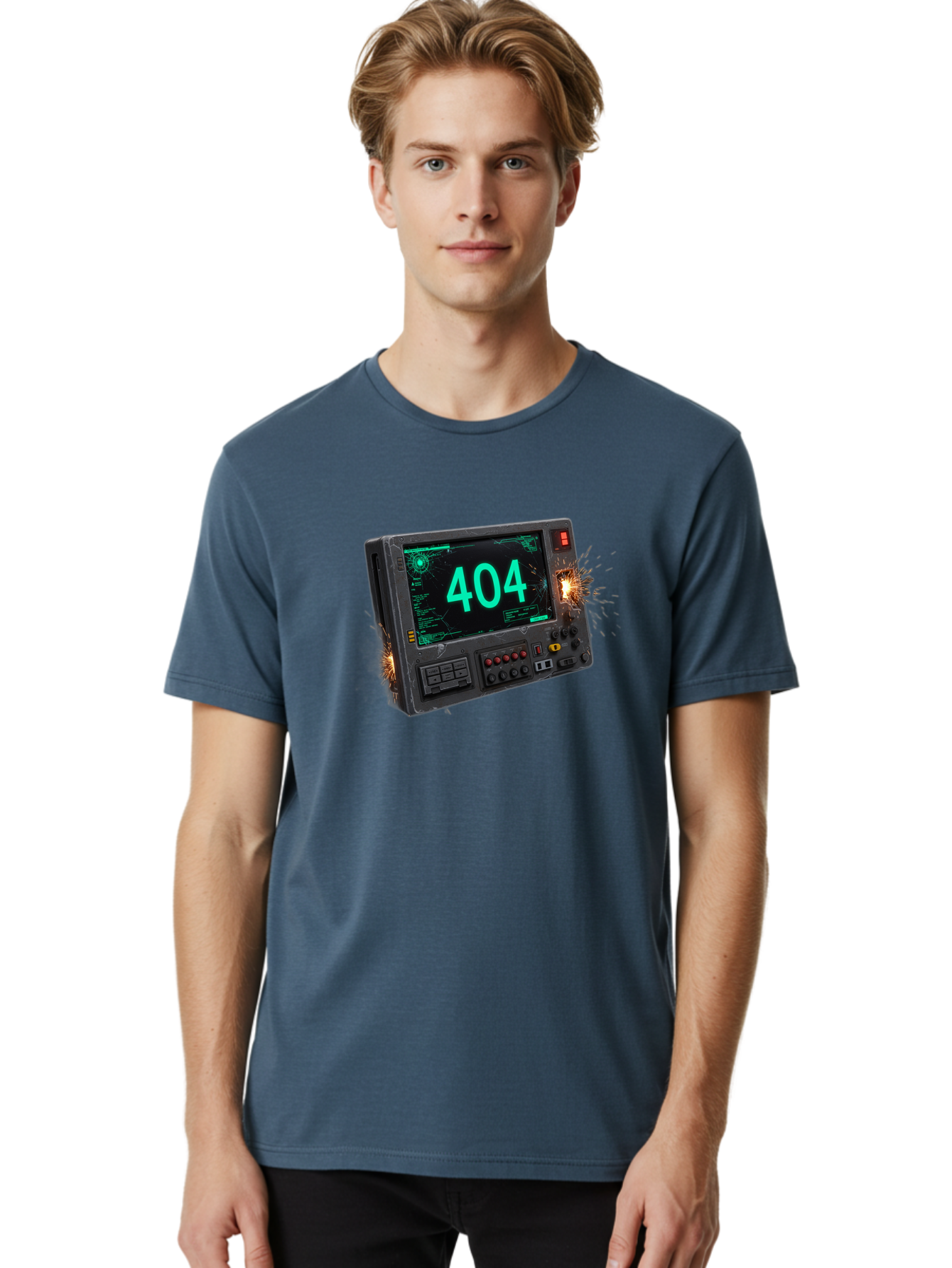 404-Error-Screen Men'S Graphic Tee, 100% Cotton, Comfortable Casual Summer Wear, Machine Washable, Error Message, 404, Computer Screen, Sparks Flying, Malfunctioning, Cyberpunk, Digital Glitches, Futuristic Technology, Error Code Baa091 14