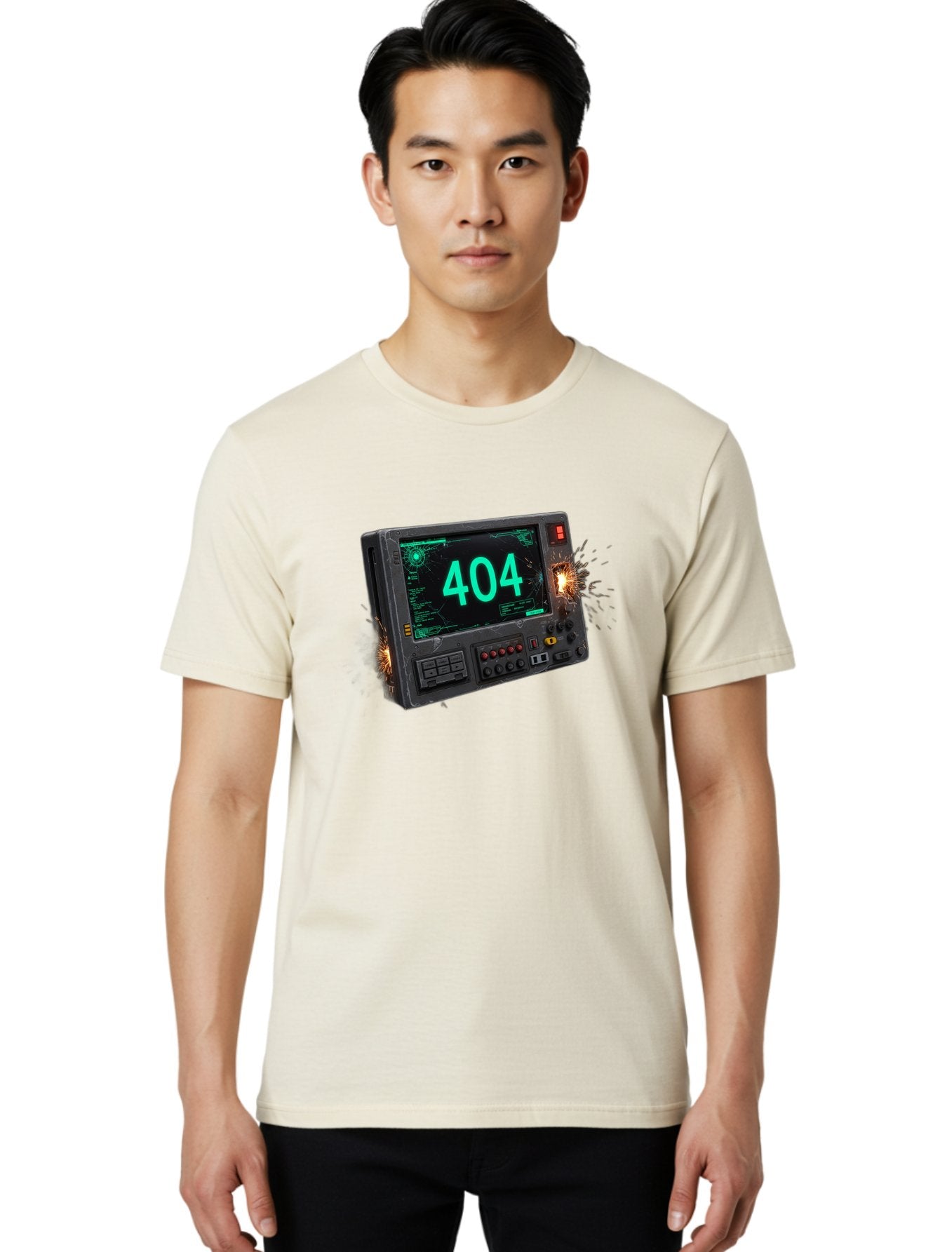 404-Error-Screen Men'S Graphic Tee, 100% Cotton, Comfortable Casual Summer Wear, Machine Washable, Error Message, 404, Computer Screen, Sparks Flying, Malfunctioning, Cyberpunk, Digital Glitches, Futuristic Technology, Error Code Baa091 22