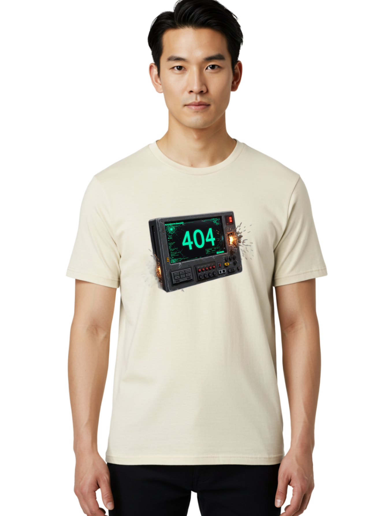 404-Error-Screen Men'S Graphic Tee, 100% Cotton, Comfortable Casual Summer Wear, Machine Washable, Error Message, 404, Computer Screen, Sparks Flying, Malfunctioning, Cyberpunk, Digital Glitches, Futuristic Technology, Error Code Baa091 18