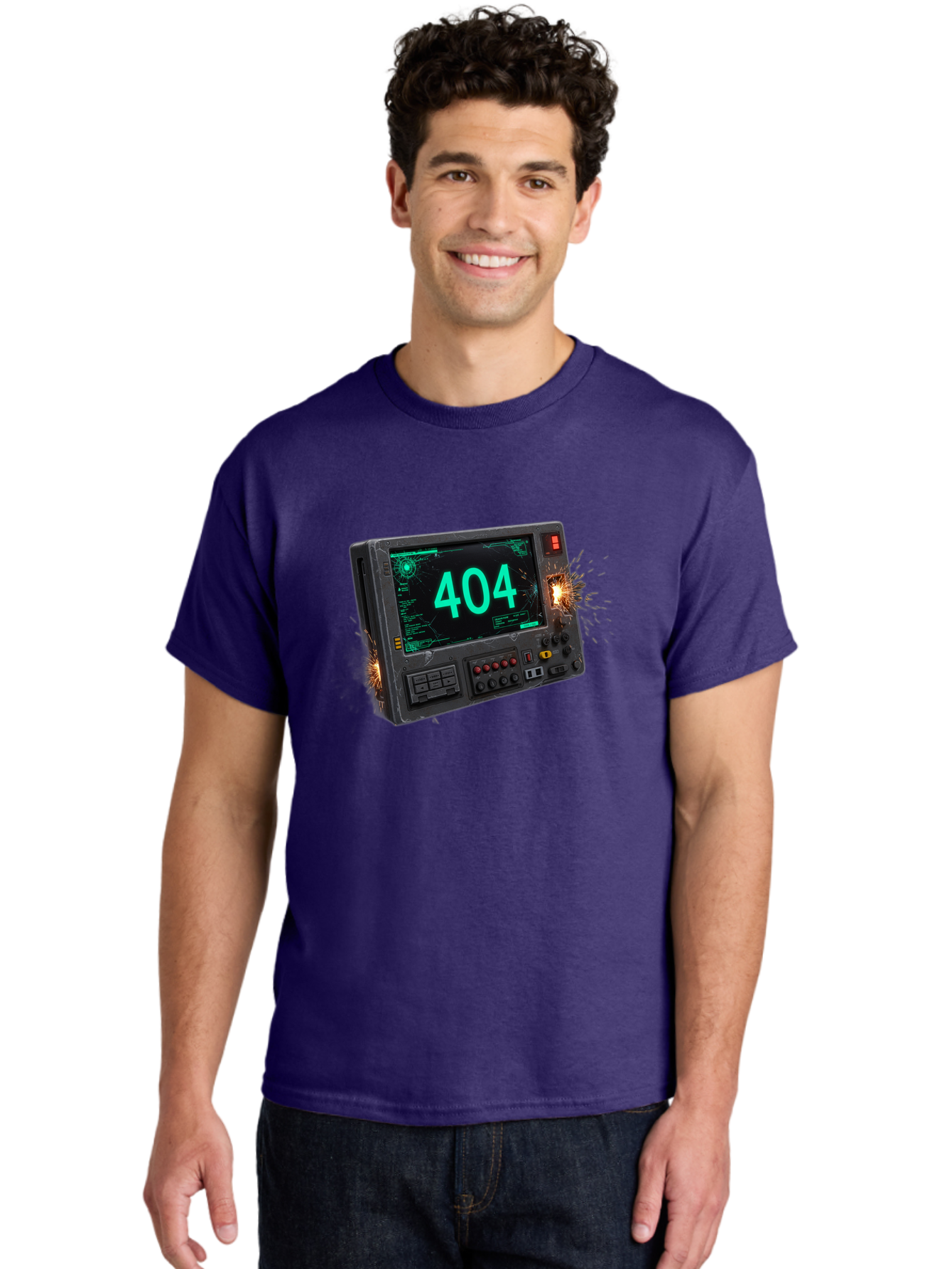404-Error-Screen Men'S Graphic Tee, 100% Cotton, Comfortable Casual Summer Wear, Machine Washable, Error Message, 404, Computer Screen, Sparks Flying, Malfunctioning, Cyberpunk, Digital Glitches, Futuristic Technology, Error Code Baa091