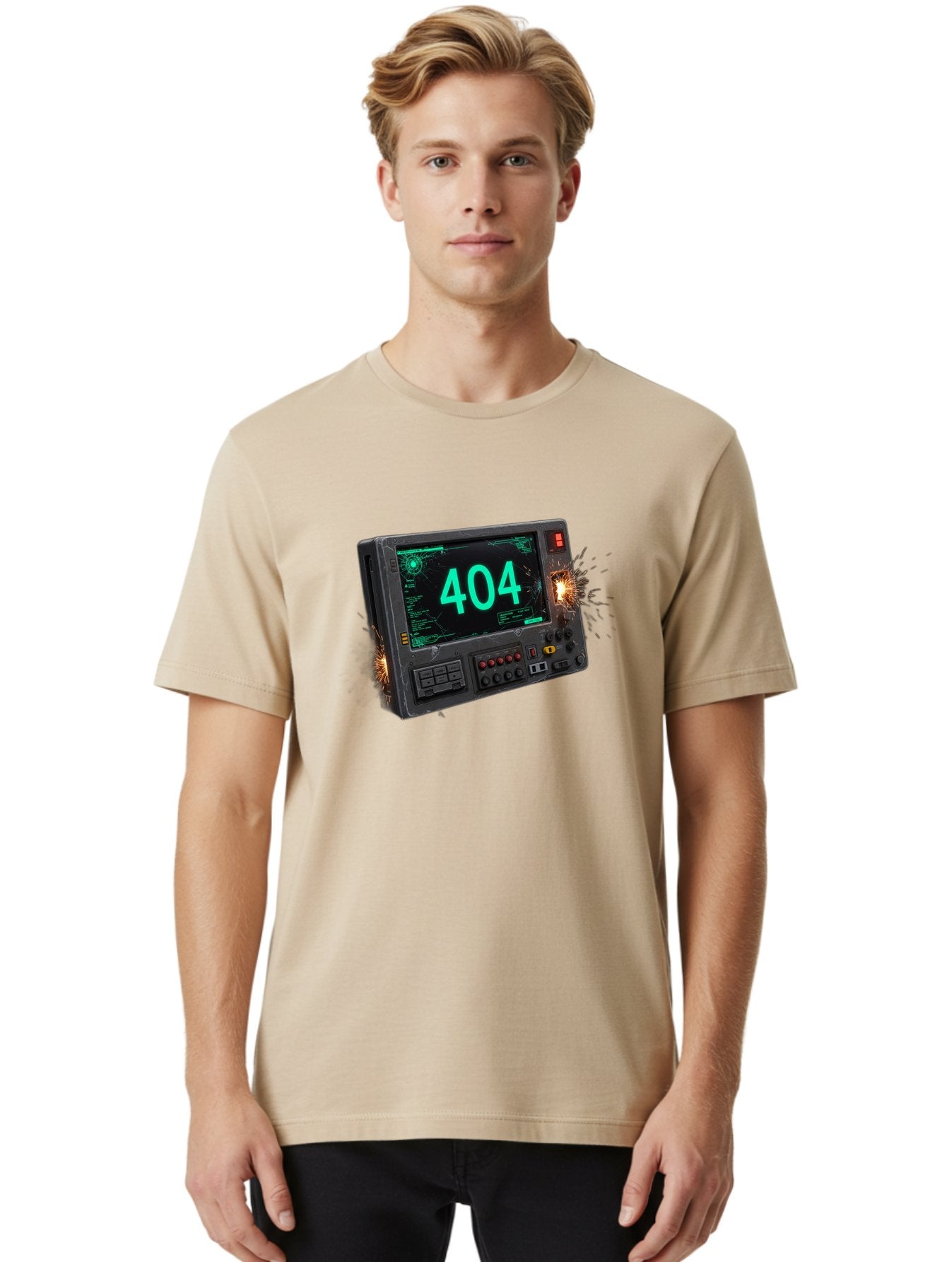 404-Error-Screen Men'S Graphic Tee, 100% Cotton, Comfortable Casual Summer Wear, Machine Washable, Error Message, 404, Computer Screen, Sparks Flying, Malfunctioning, Cyberpunk, Digital Glitches, Futuristic Technology, Error Code Baa091 19