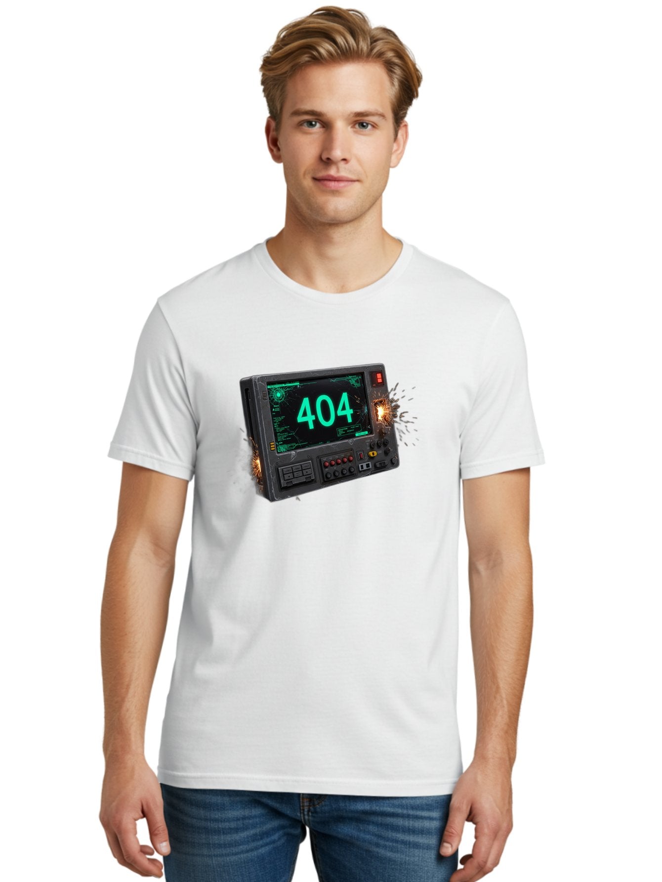 404-Error-Screen Men'S Graphic Tee, 100% Cotton, Comfortable Casual Summer Wear, Machine Washable, Error Message, 404, Computer Screen, Sparks Flying, Malfunctioning, Cyberpunk, Digital Glitches, Futuristic Technology, Error Code Baa091 16