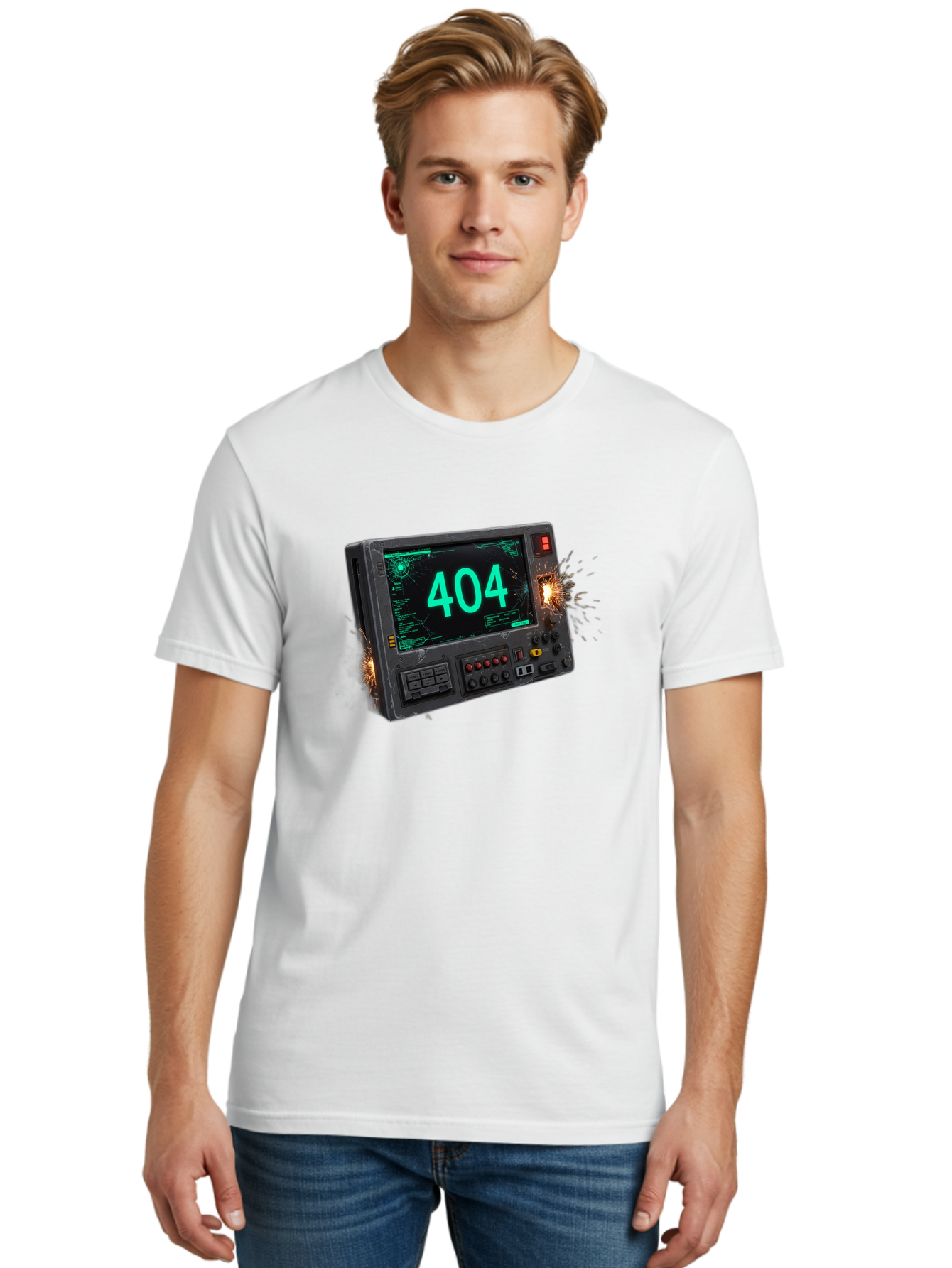 404-Error-Screen Men'S Graphic Tee, 100% Cotton, Comfortable Casual Summer Wear, Machine Washable, Error Message, 404, Computer Screen, Sparks Flying, Malfunctioning, Cyberpunk, Digital Glitches, Futuristic Technology, Error Code Baa091 26