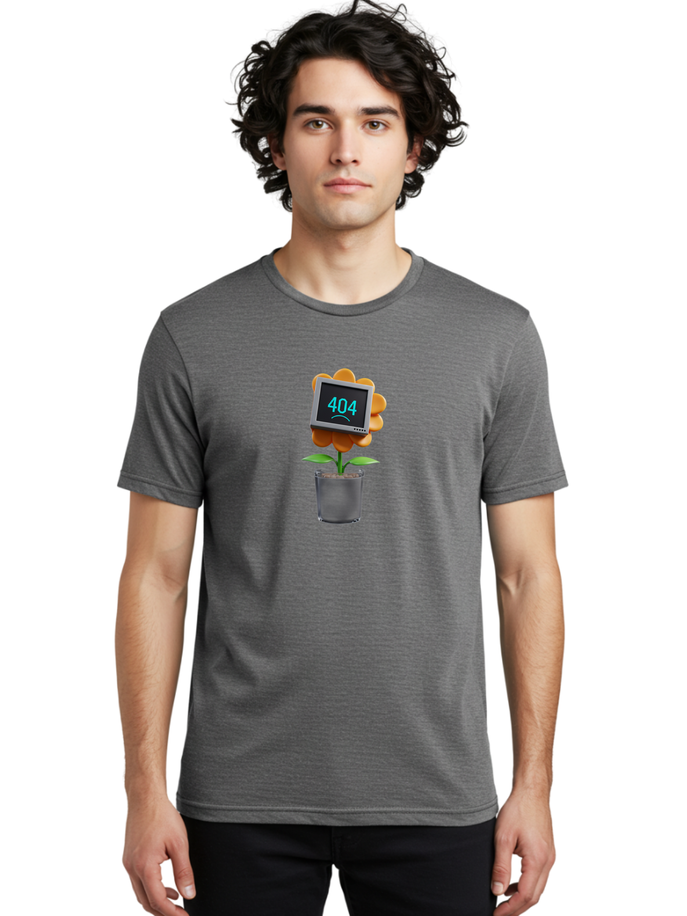 404-Flower Men'S Graphic Tee, 100% Cotton, Comfortable Casual Summer Wear, Machine Washable, Error Message, 404 Page Not Found, Orange Flower, Pot, Screen Display, Sad Face, Technology Glitch, Digital Error, Web Page Issue Baa094
