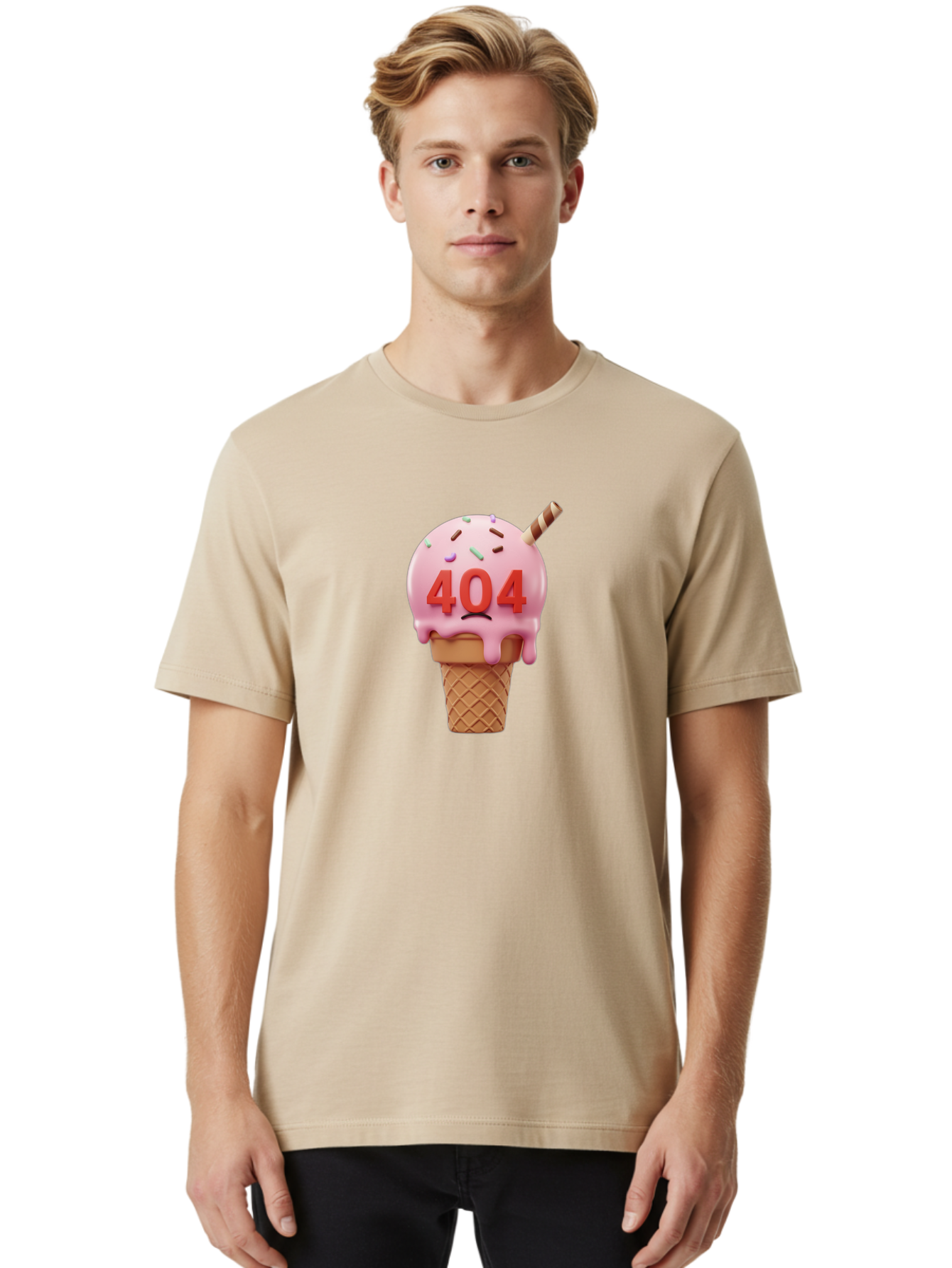 404-Ice-Cream Men'S Graphic Tee, 100% Cotton, Comfortable Casual Summer Wear, Machine Washable, Sad Ice Cream Cone, 404 Error, Pink Ice Cream, Sprinkles, Sweet Treat, Frowning Face, Melting Ice Cream, Error Message, Dessert, 404 Baa095 22