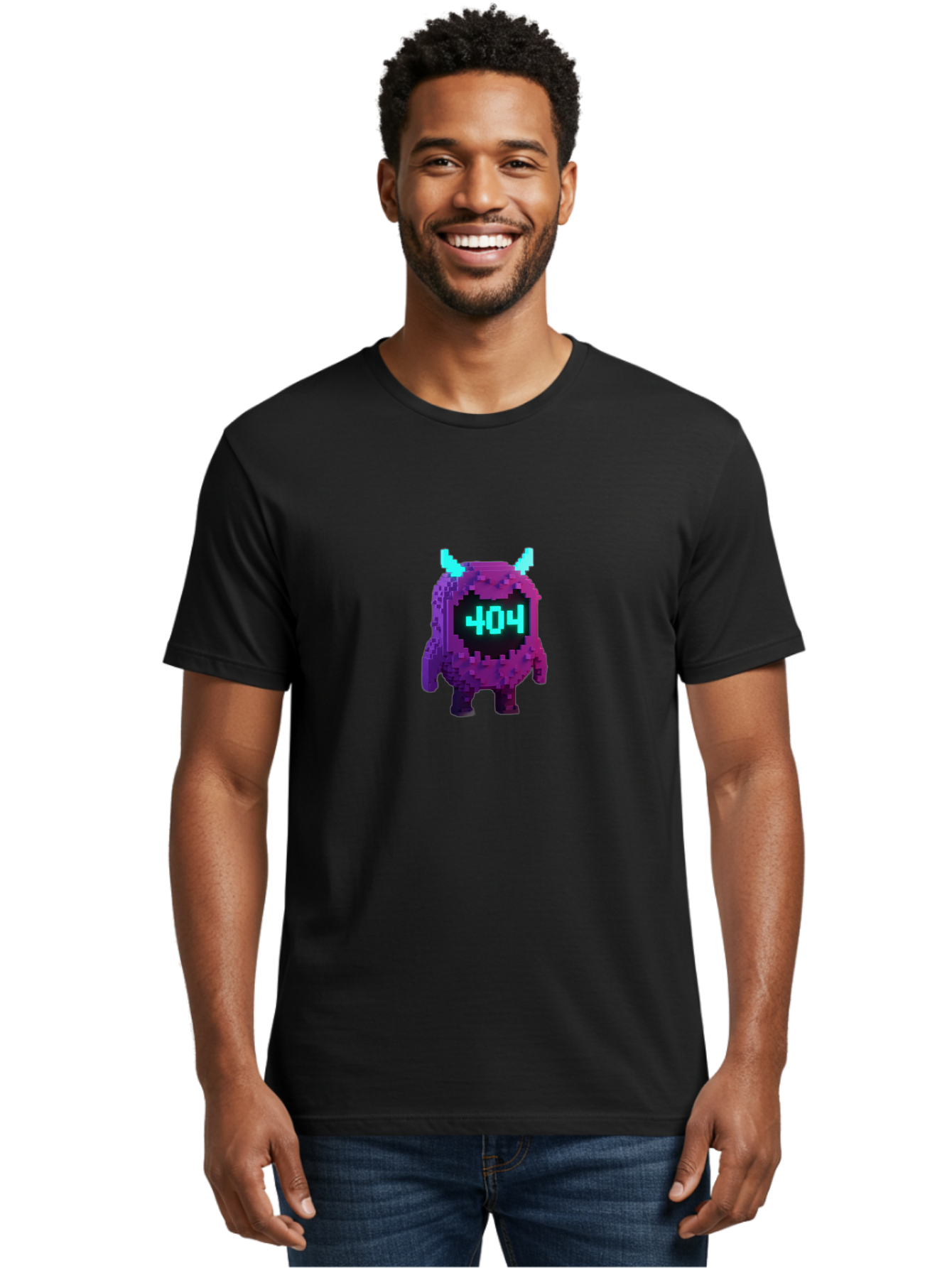 404-Monster-3 Men'S Graphic Tee, 100% Cotton, Comfortable Casual Summer Wear, Machine Washable, Pixel Art Monster, 404 Error, Digital Creature, Purple Monster, Blue Horns, Error Page, Glitchy Graphics, 8-Bit Style, Retro Gaming Baa100