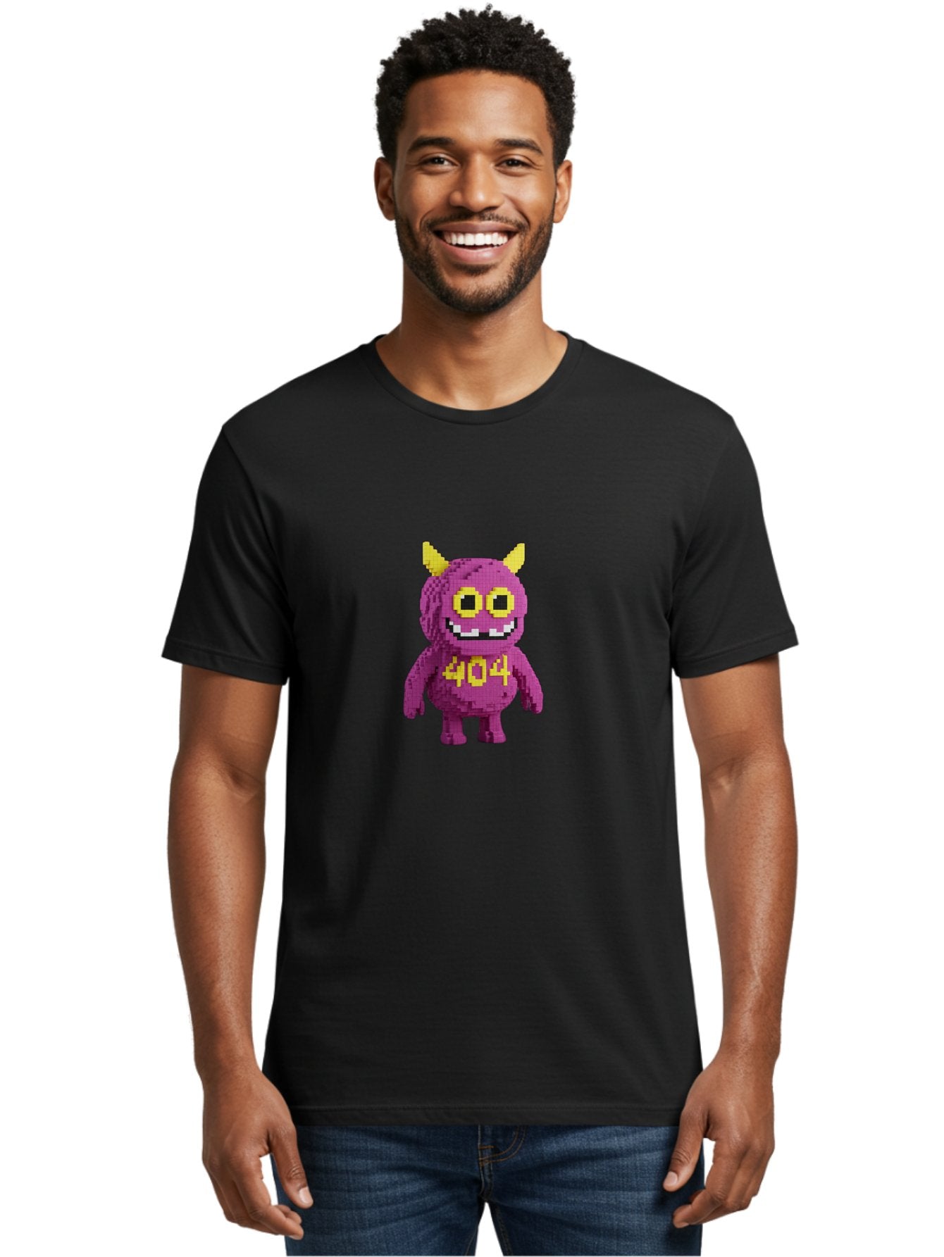 404-Monster-4 Men'S Graphic Tee, 100% Cotton, Comfortable Casual Summer Wear, Machine Washable, Pixel Art Monster, Purple Creature, Yellow Horns, 404 Error, Cartoon Character, Funny Design, Web Error Icon, Cute Pixel Monster, Digital Art, Baa101 20