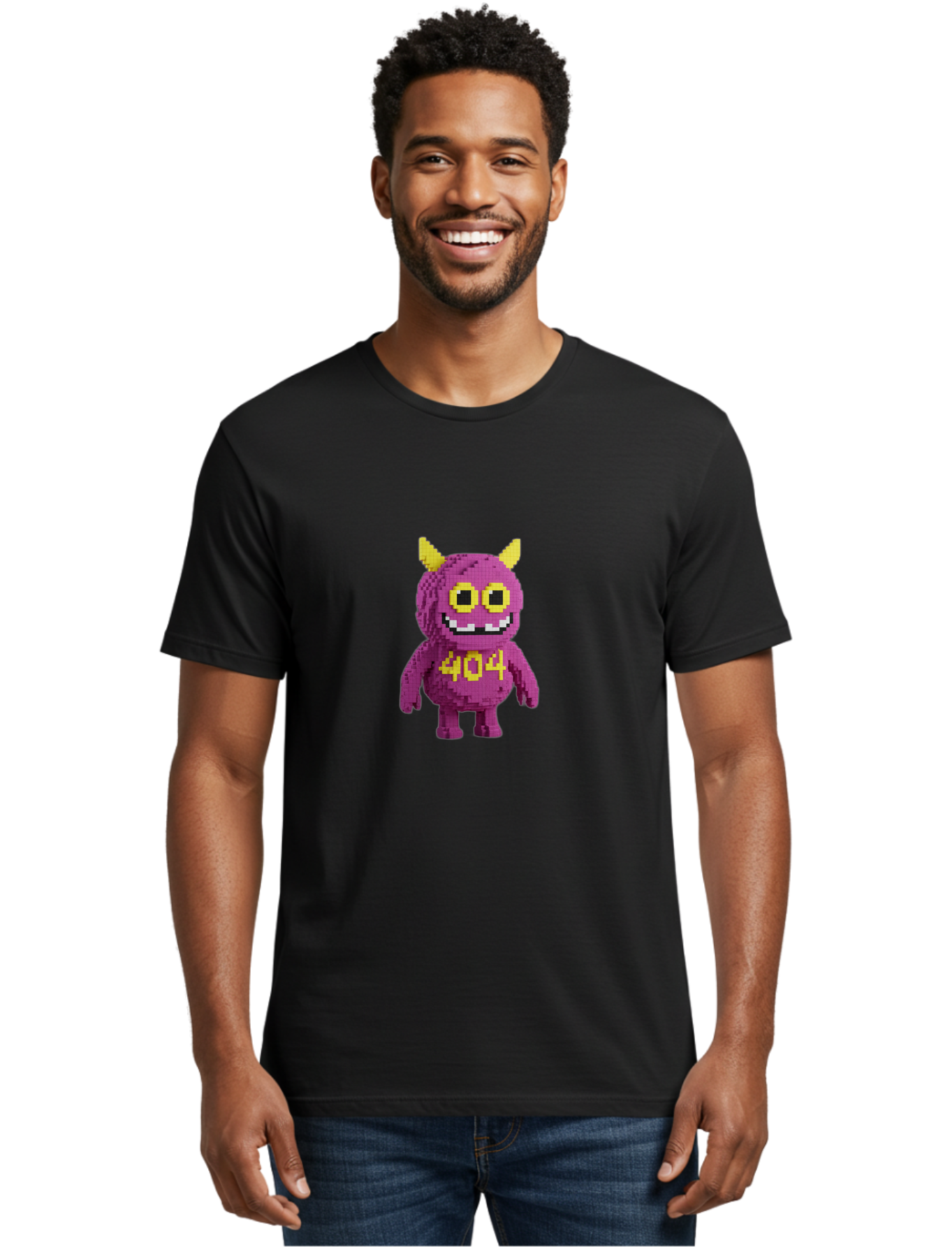 404-Monster-4 Men'S Graphic Tee, 100% Cotton, Comfortable Casual Summer Wear, Machine Washable, Pixel Art Monster, Purple Creature, Yellow Horns, 404 Error, Cartoon Character, Funny Design, Web Error Icon, Cute Pixel Monster, Digital Art, Baa101 30