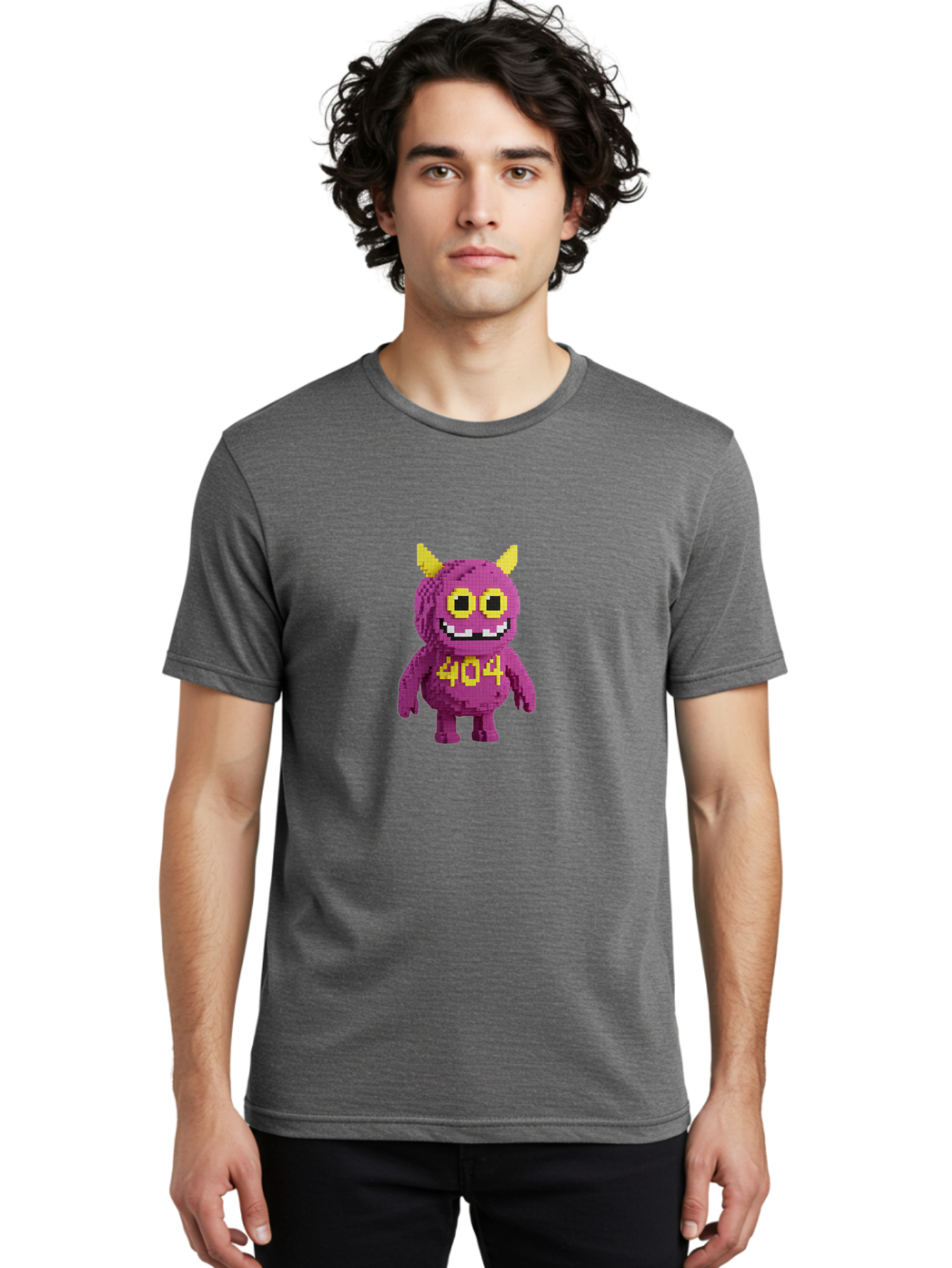 404-Monster-4 Men'S Graphic Tee, 100% Cotton, Comfortable Casual Summer Wear, Machine Washable, Pixel Art Monster, Purple Creature, Yellow Horns, 404 Error, Cartoon Character, Funny Design, Web Error Icon, Cute Pixel Monster, Digital Art, Baa101 24