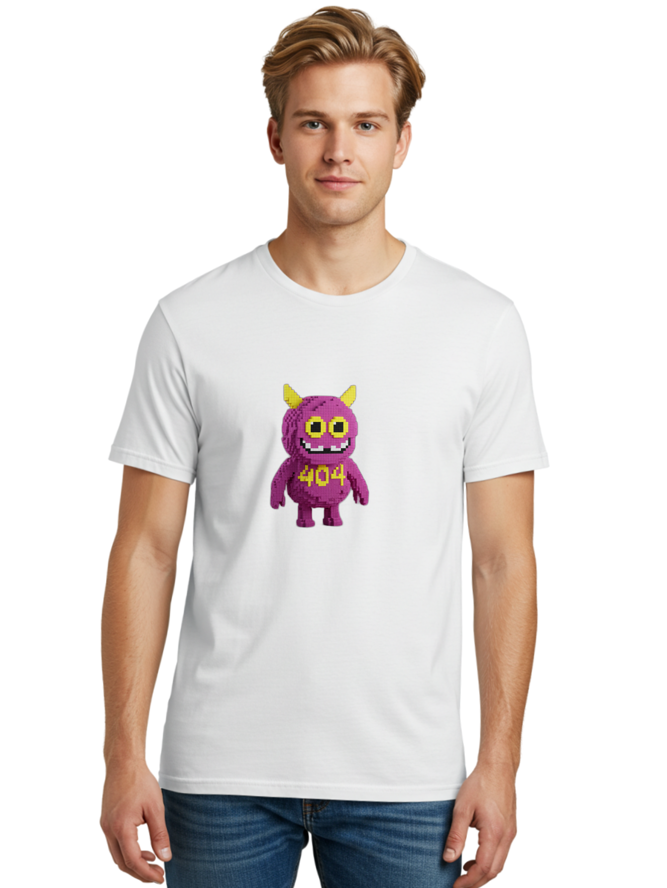 404-Monster-4 Men'S Graphic Tee, 100% Cotton, Comfortable Casual Summer Wear, Machine Washable, Pixel Art Monster, Purple Creature, Yellow Horns, 404 Error, Cartoon Character, Funny Design, Web Error Icon, Cute Pixel Monster, Digital Art, Baa101 26