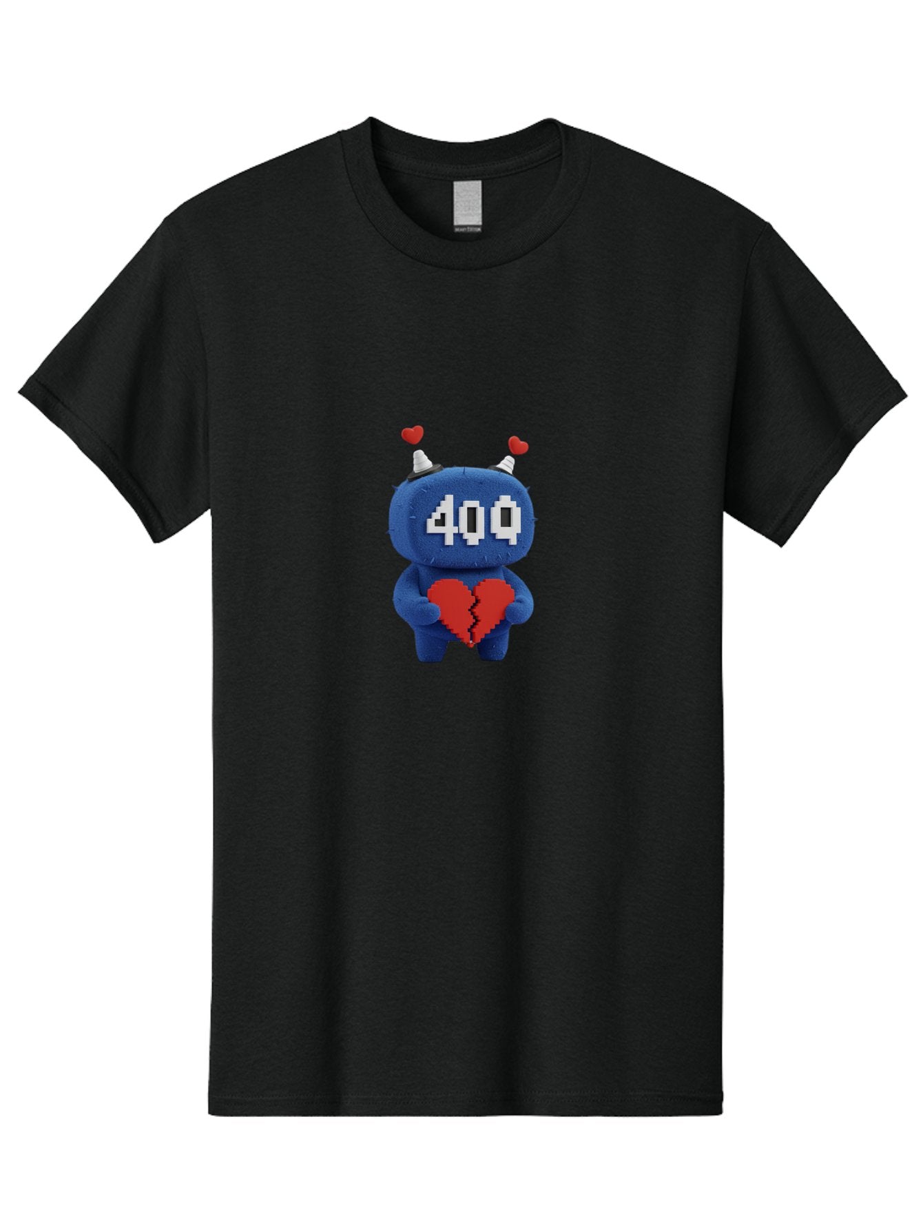 404-Monster Men'S Graphic Tee, 100% Cotton, Comfortable Casual Summer Wear, Machine Washable, Broken Red Heart, Blue Creature, 400 Displayed On Face, Pixelated Eyes, White Horns, Cute Character, Digital Illustration, Pixel Art, Heartbreak, Baa102 7