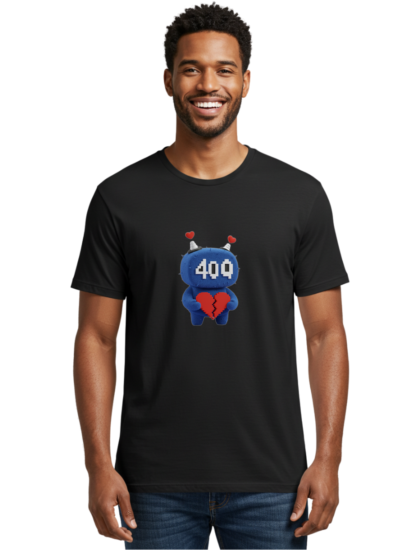 404-Monster Men'S Graphic Tee, 100% Cotton, Comfortable Casual Summer Wear, Machine Washable, Broken Red Heart, Blue Creature, 400 Displayed On Face, Pixelated Eyes, White Horns, Cute Character, Digital Illustration, Pixel Art, Heartbreak, Baa102 26