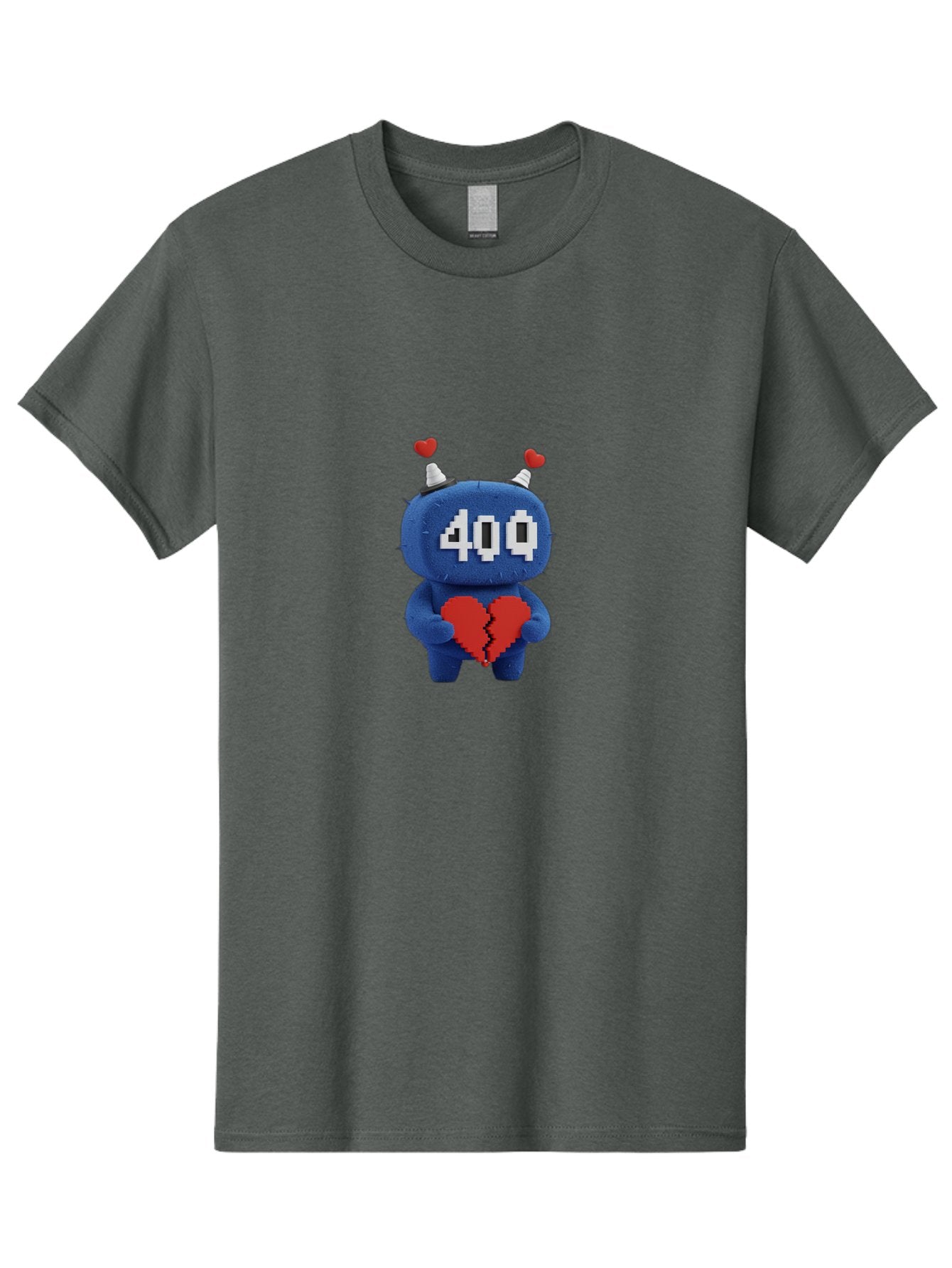 404-Monster Men'S Graphic Tee, 100% Cotton, Comfortable Casual Summer Wear, Machine Washable, Broken Red Heart, Blue Creature, 400 Displayed On Face, Pixelated Eyes, White Horns, Cute Character, Digital Illustration, Pixel Art, Heartbreak, Baa102