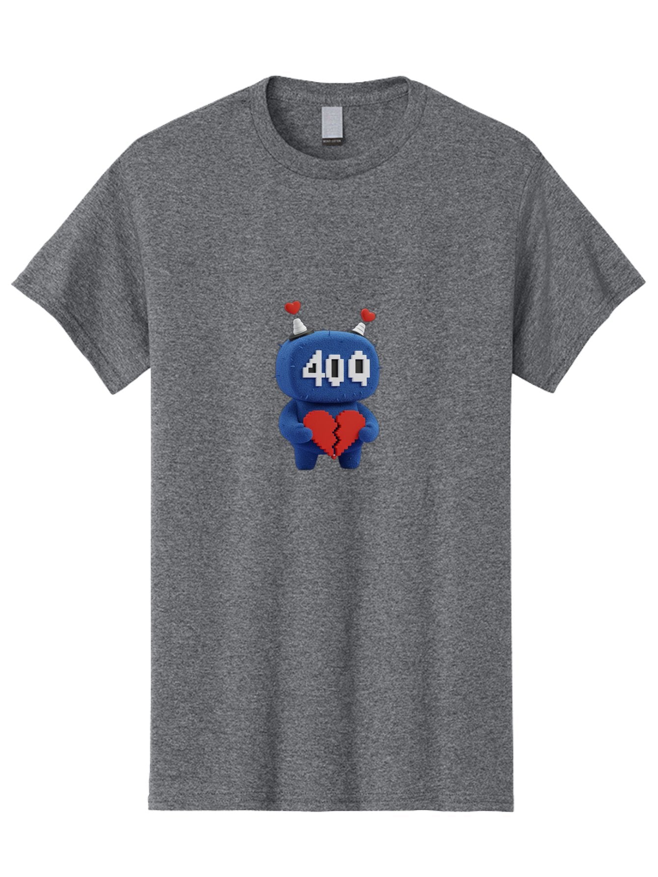 404-Monster Men'S Graphic Tee, 100% Cotton, Comfortable Casual Summer Wear, Machine Washable, Broken Red Heart, Blue Creature, 400 Displayed On Face, Pixelated Eyes, White Horns, Cute Character, Digital Illustration, Pixel Art, Heartbreak, Baa102 5