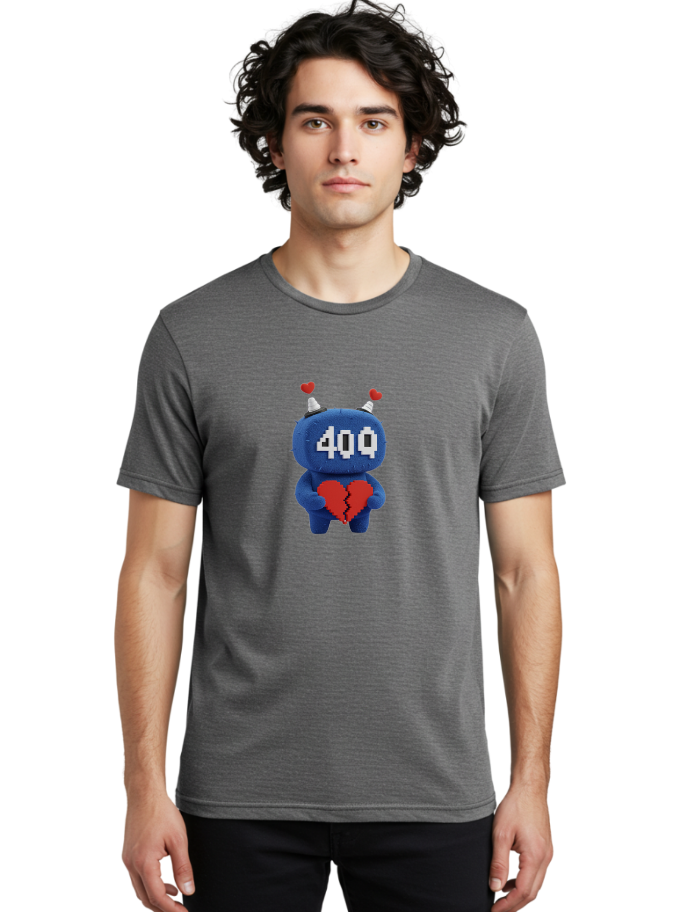 404-Monster Men'S Graphic Tee, 100% Cotton, Comfortable Casual Summer Wear, Machine Washable, Broken Red Heart, Blue Creature, 400 Displayed On Face, Pixelated Eyes, White Horns, Cute Character, Digital Illustration, Pixel Art, Heartbreak, Baa102 16