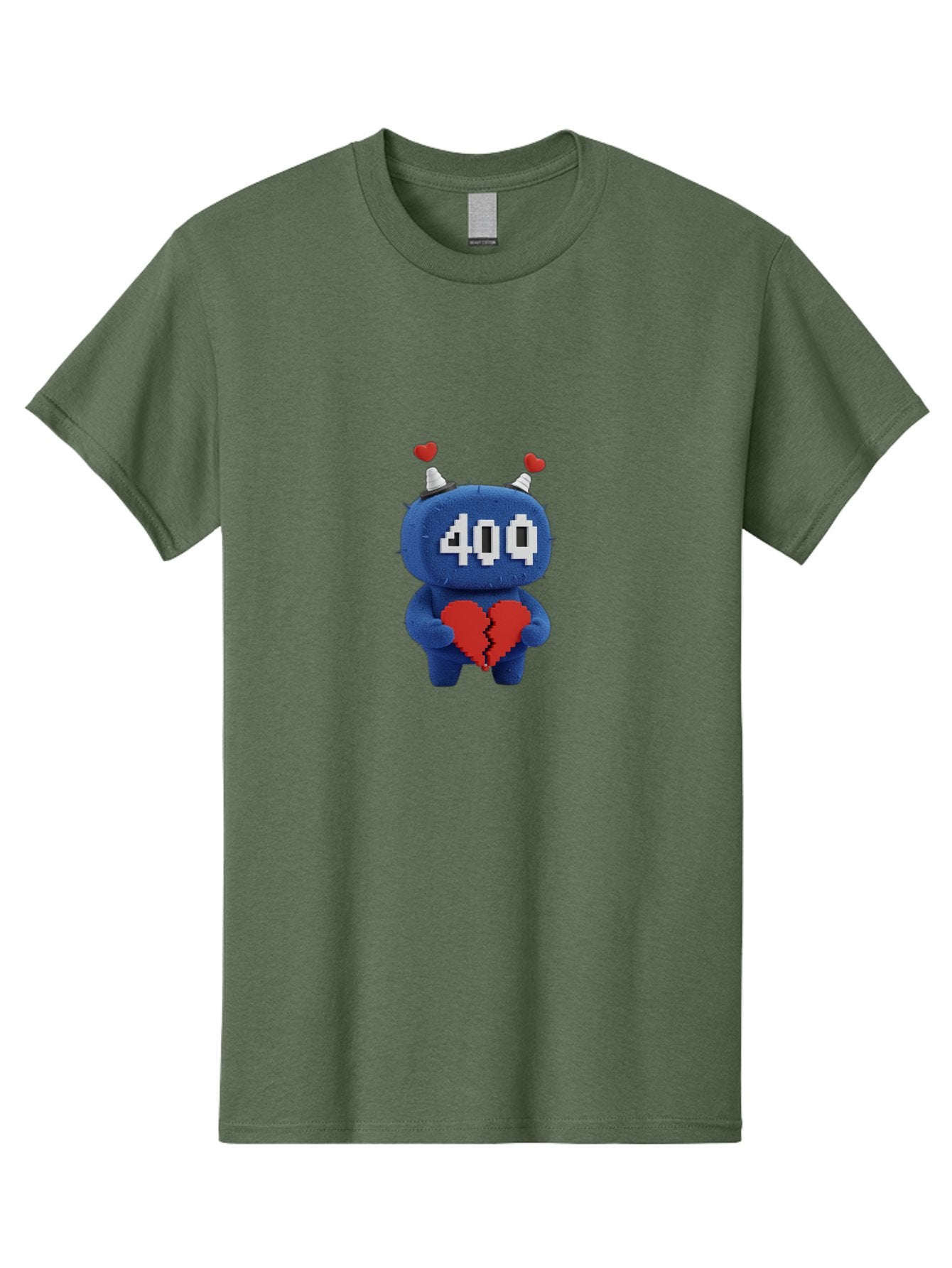 404-Monster Men'S Graphic Tee, 100% Cotton, Comfortable Casual Summer Wear, Machine Washable, Broken Red Heart, Blue Creature, 400 Displayed On Face, Pixelated Eyes, White Horns, Cute Character, Digital Illustration, Pixel Art, Heartbreak, Baa102 12