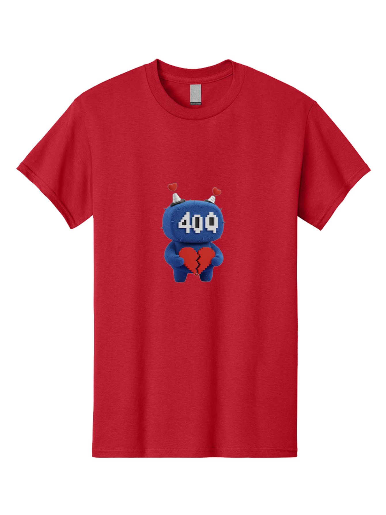 404-Monster Men'S Graphic Tee, 100% Cotton, Comfortable Casual Summer Wear, Machine Washable, Broken Red Heart, Blue Creature, 400 Displayed On Face, Pixelated Eyes, White Horns, Cute Character, Digital Illustration, Pixel Art, Heartbreak, Baa102 17