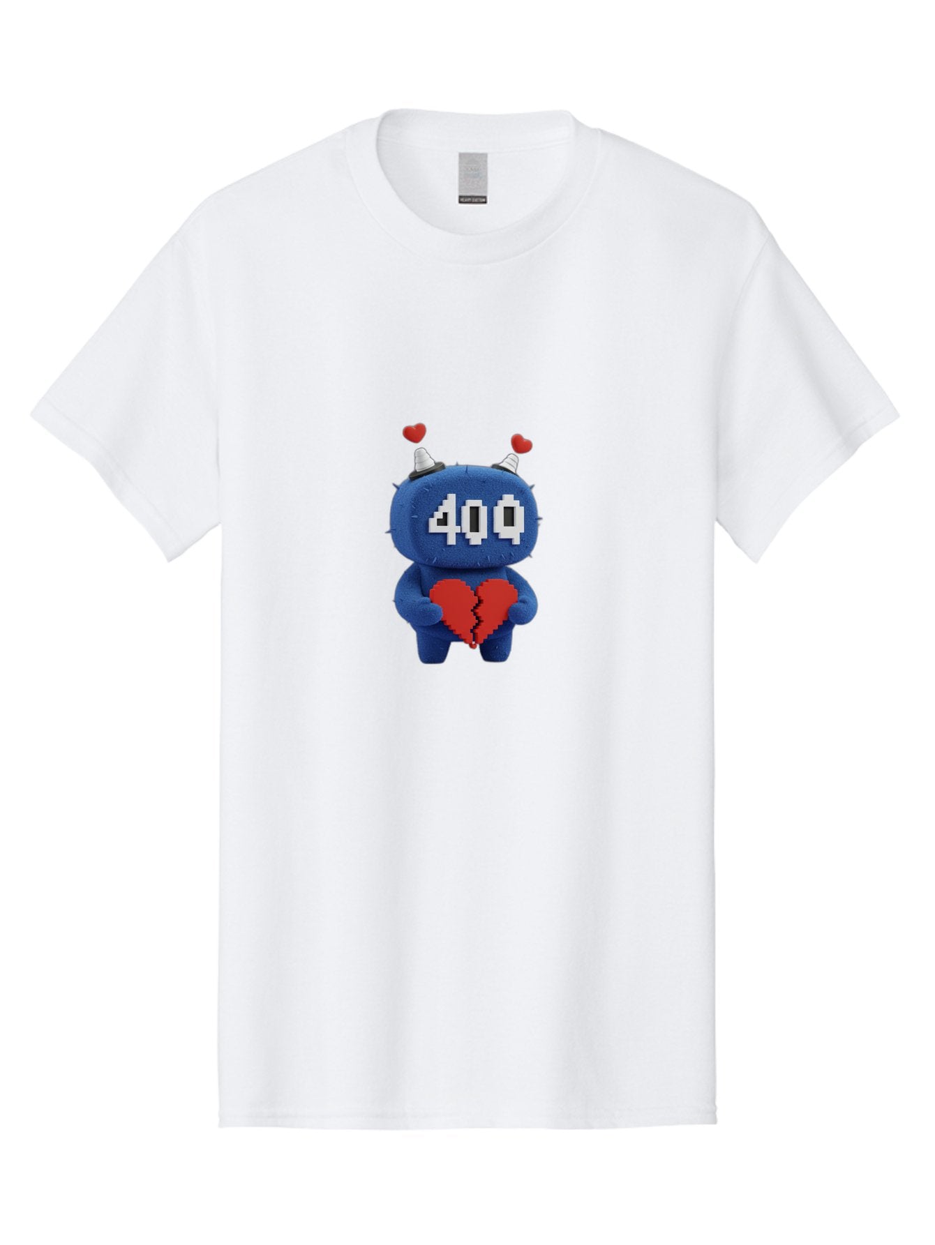 404-Monster Men'S Graphic Tee, 100% Cotton, Comfortable Casual Summer Wear, Machine Washable, Broken Red Heart, Blue Creature, 400 Displayed On Face, Pixelated Eyes, White Horns, Cute Character, Digital Illustration, Pixel Art, Heartbreak, Baa102 8
