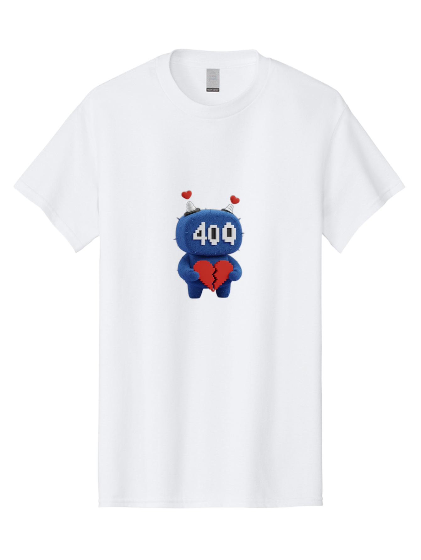 404-Monster Men'S Graphic Tee, 100% Cotton, Comfortable Casual Summer Wear, Machine Washable, Broken Red Heart, Blue Creature, 400 Displayed On Face, Pixelated Eyes, White Horns, Cute Character, Digital Illustration, Pixel Art, Heartbreak, Baa102 11