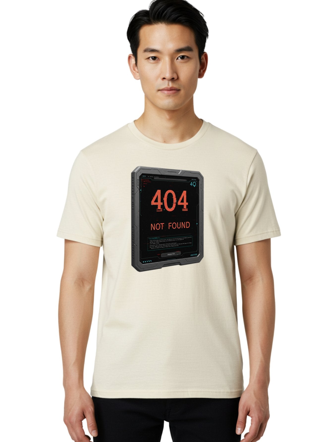404-Not-Found Men'S Graphic Tee, 100% Cotton, Comfortable Casual Summer Wear, Machine Washable, 404 Error, Not Found Message, Futuristic Device, Error Screen, Cyberpunk Theme, Orange Text, Black Device, Tech Glitch, Sci-Fi Interface, Baa103 17