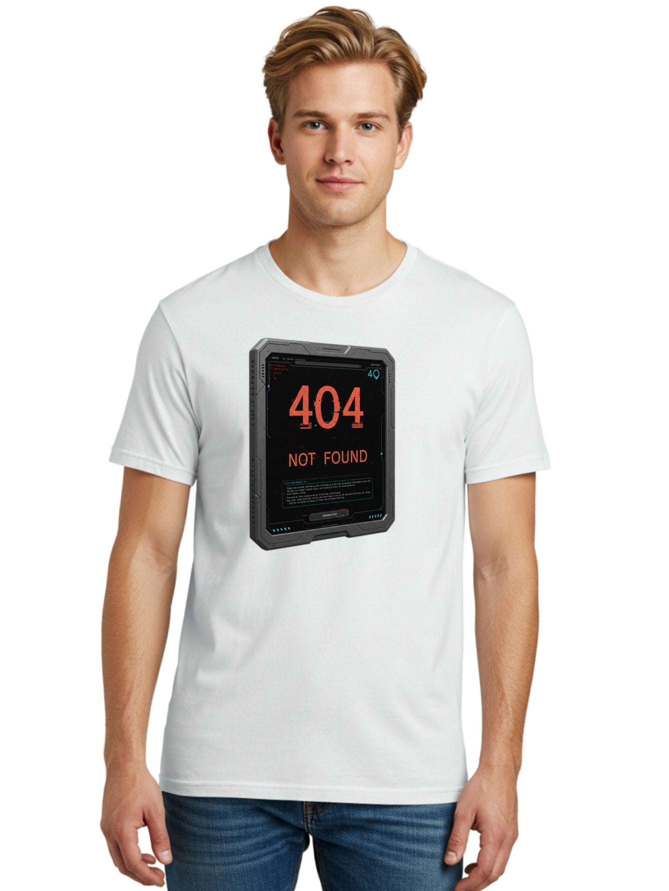 404-Not-Found Men'S Graphic Tee, 100% Cotton, Comfortable Casual Summer Wear, Machine Washable, 404 Error, Not Found Message, Futuristic Device, Error Screen, Cyberpunk Theme, Orange Text, Black Device, Tech Glitch, Sci-Fi Interface, Baa103 19