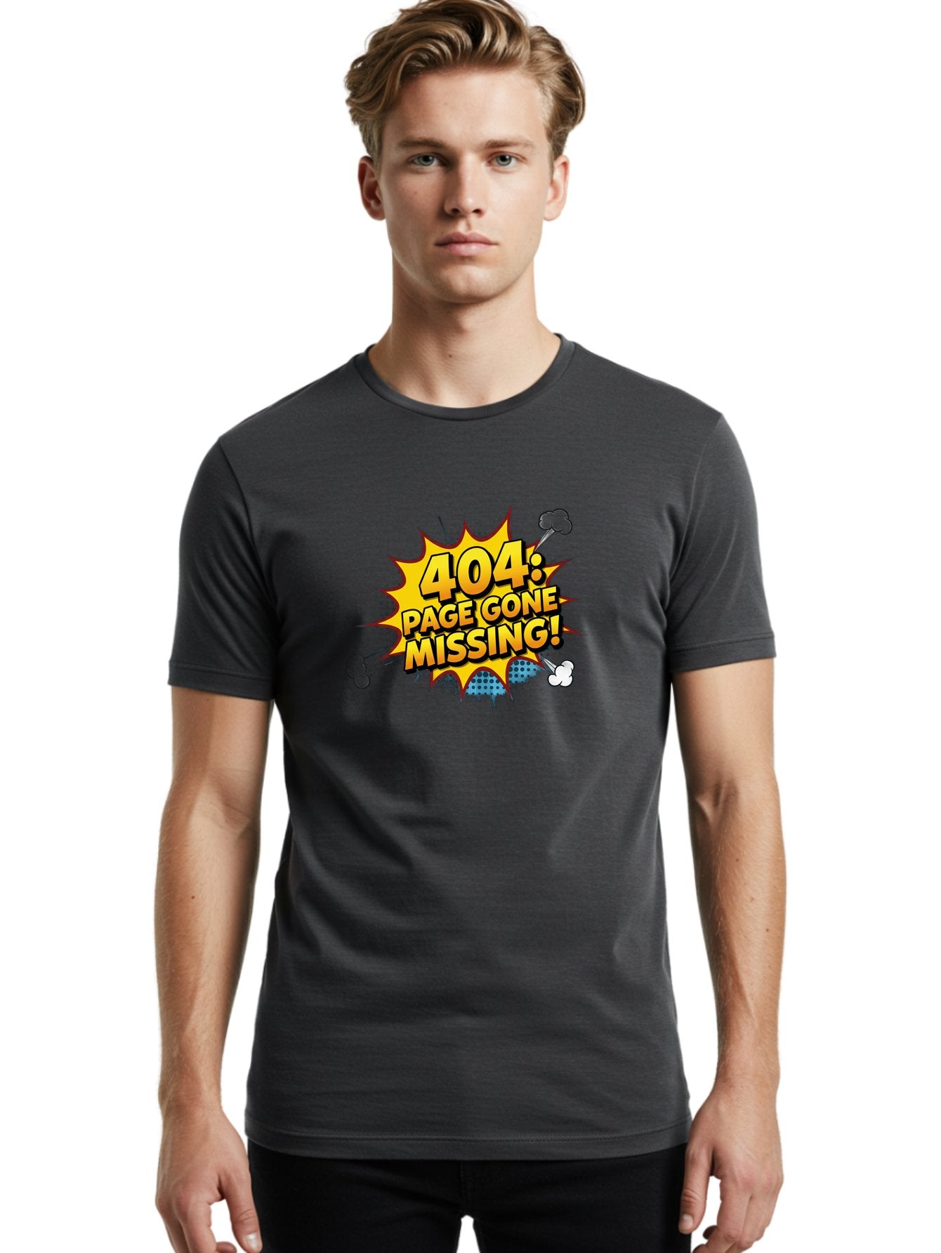 404-Page-Gone-Missing Men'S Graphic Tee, 100% Cotton, Comfortable Casual Summer Wear, Machine Washable, 404 Error Message, Page Not Found, Missing Page, Cartoon-Style Comic, Yellow And Blue Graphics, Funny Illustrations, Humorous Tone, Baa104 17