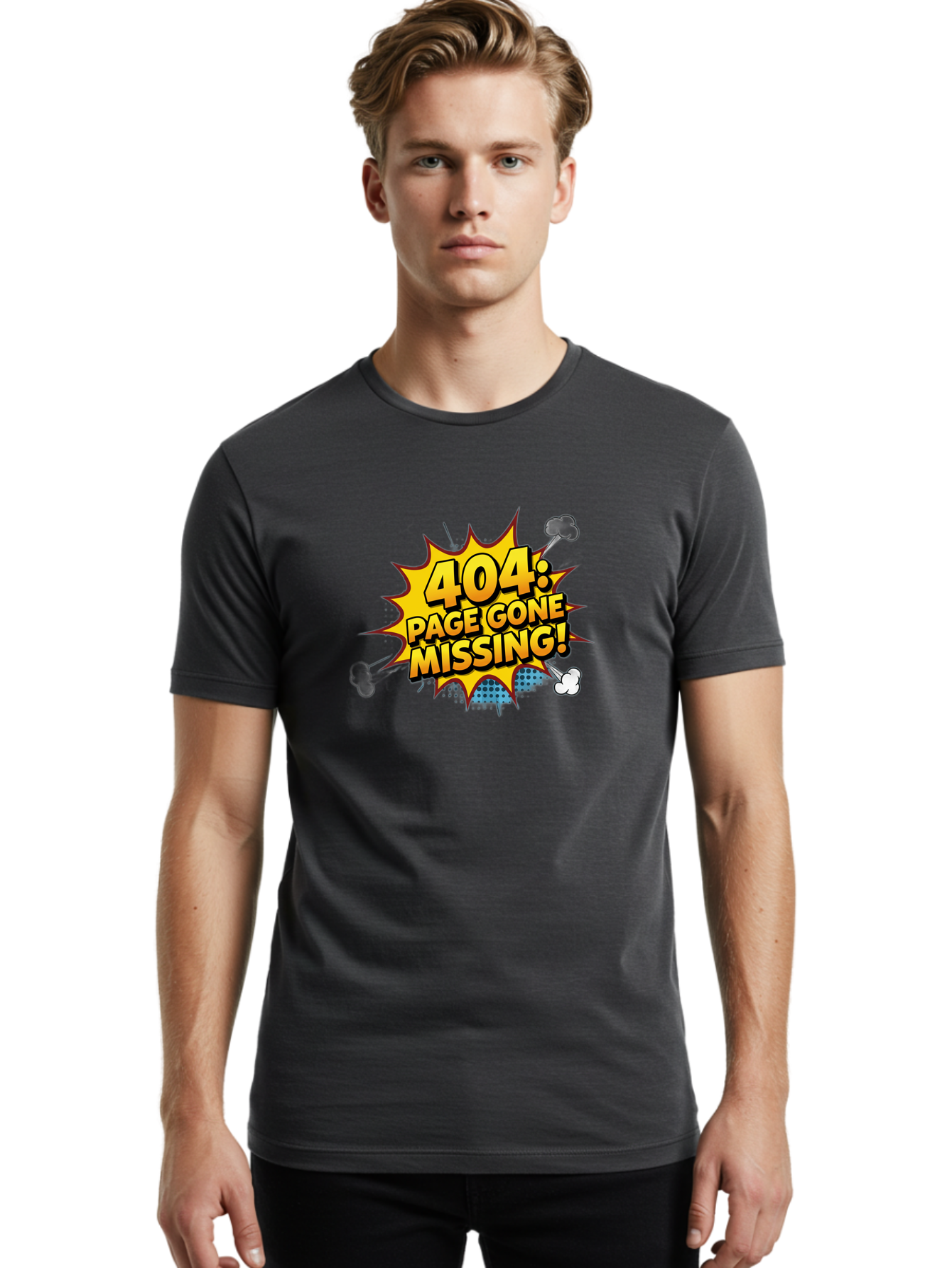 404-Page-Gone-Missing Men'S Graphic Tee, 100% Cotton, Comfortable Casual Summer Wear, Machine Washable, 404 Error Message, Page Not Found, Missing Page, Cartoon-Style Comic, Yellow And Blue Graphics, Funny Illustrations, Humorous Tone, Baa104 28