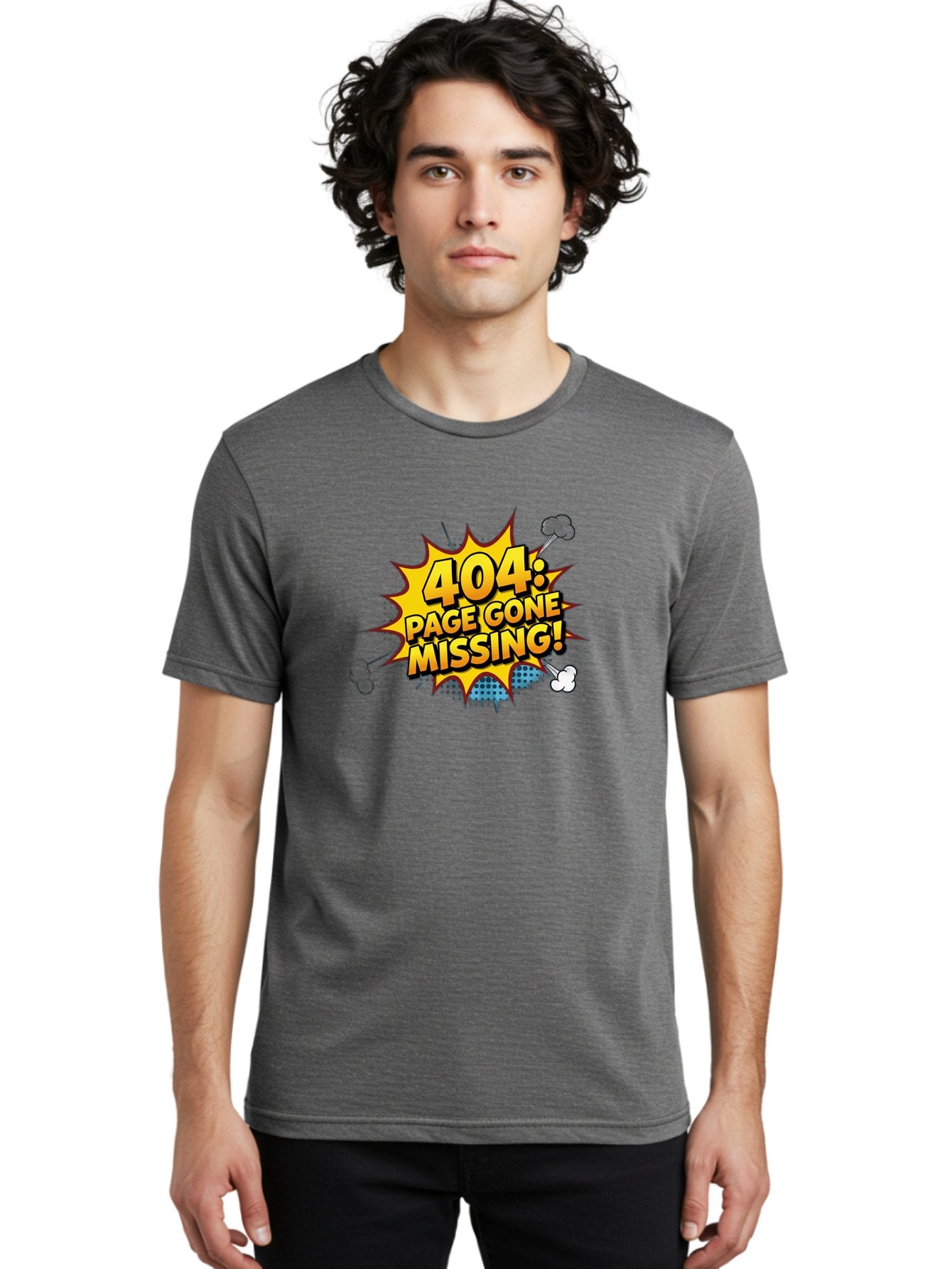 404-Page-Gone-Missing Men'S Graphic Tee, 100% Cotton, Comfortable Casual Summer Wear, Machine Washable, 404 Error Message, Page Not Found, Missing Page, Cartoon-Style Comic, Yellow And Blue Graphics, Funny Illustrations, Humorous Tone, Baa104 23