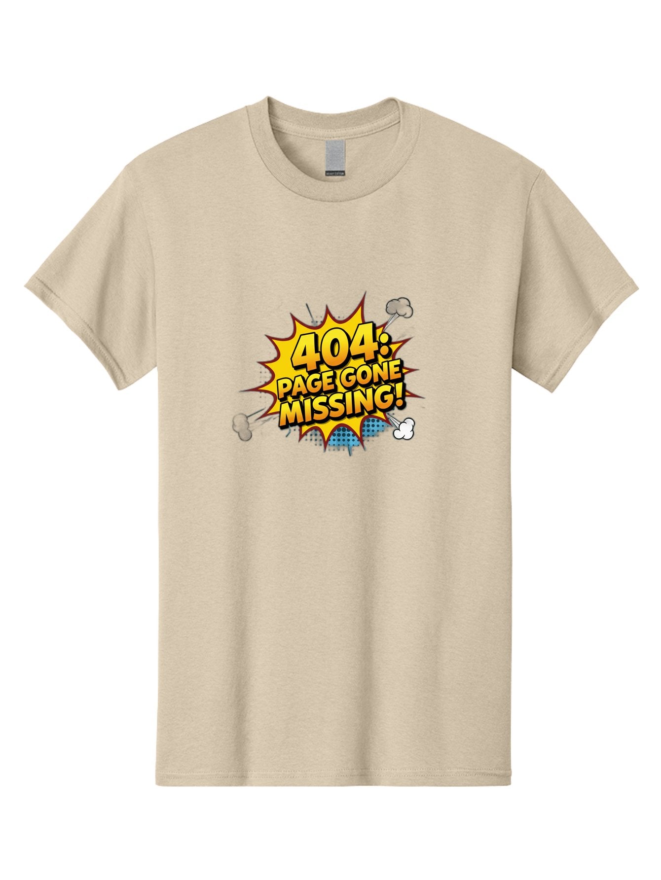 404-Page-Gone-Missing Men'S Graphic Tee, 100% Cotton, Comfortable Casual Summer Wear, Machine Washable, 404 Error Message, Page Not Found, Missing Page, Cartoon-Style Comic, Yellow And Blue Graphics, Funny Illustrations, Humorous Tone, Baa104