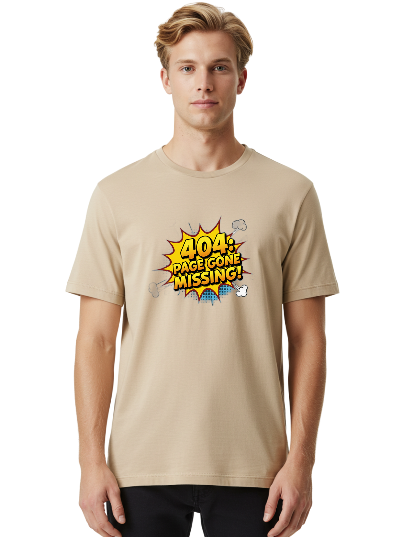 404-Page-Gone-Missing Men'S Graphic Tee, 100% Cotton, Comfortable Casual Summer Wear, Machine Washable, 404 Error Message, Page Not Found, Missing Page, Cartoon-Style Comic, Yellow And Blue Graphics, Funny Illustrations, Humorous Tone, Baa104 20