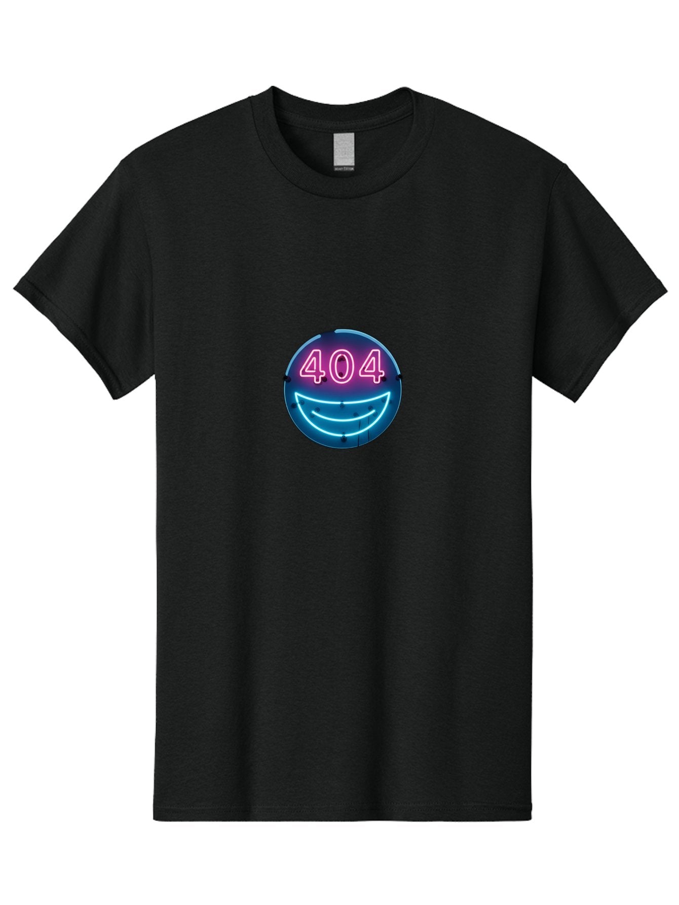 404-Smile Men'S Graphic Tee, 100% Cotton, Comfortable Casual Summer Wear, Machine Washable, Neon Smiley Face, 404 Error Message, Error Page, Pink Neon Numbers, Blue Neon Smile, Funny Error, Website Error, Glitch, Tech Humor, Cyber Smile, Baa109 9