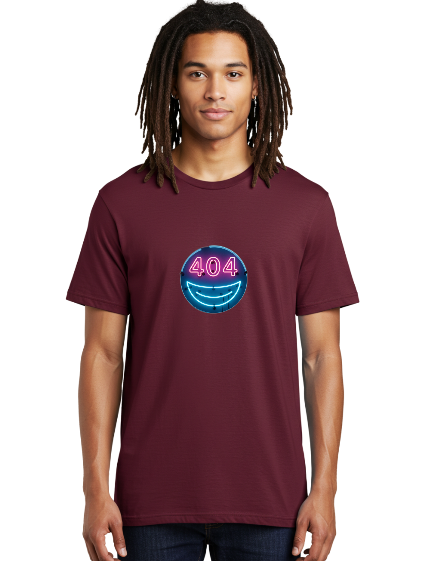 404-Smile Men'S Graphic Tee, 100% Cotton, Comfortable Casual Summer Wear, Machine Washable, Neon Smiley Face, 404 Error Message, Error Page, Pink Neon Numbers, Blue Neon Smile, Funny Error, Website Error, Glitch, Tech Humor, Cyber Smile, Baa109 30