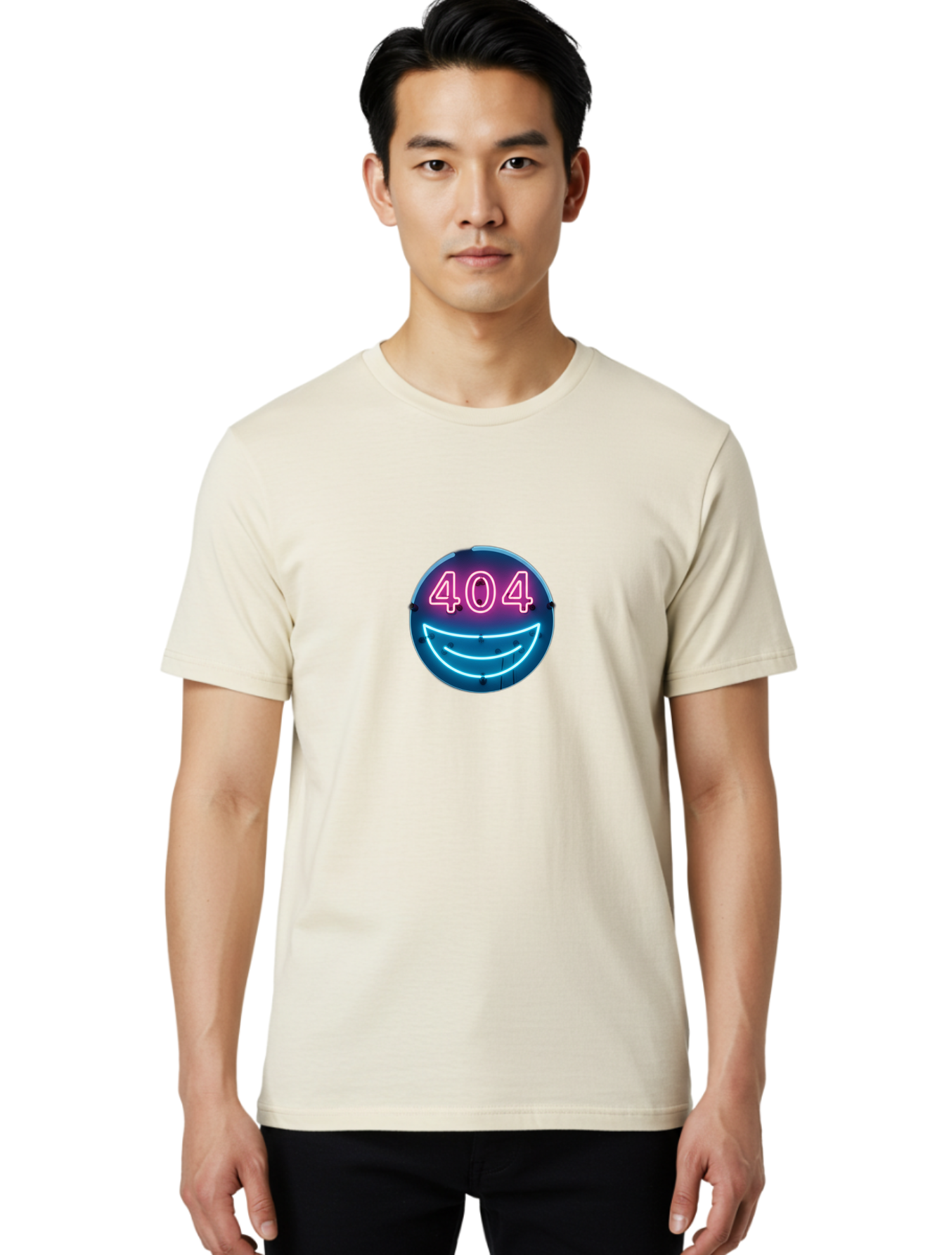 404-Smile Men'S Graphic Tee, 100% Cotton, Comfortable Casual Summer Wear, Machine Washable, Neon Smiley Face, 404 Error Message, Error Page, Pink Neon Numbers, Blue Neon Smile, Funny Error, Website Error, Glitch, Tech Humor, Cyber Smile, Baa109 26