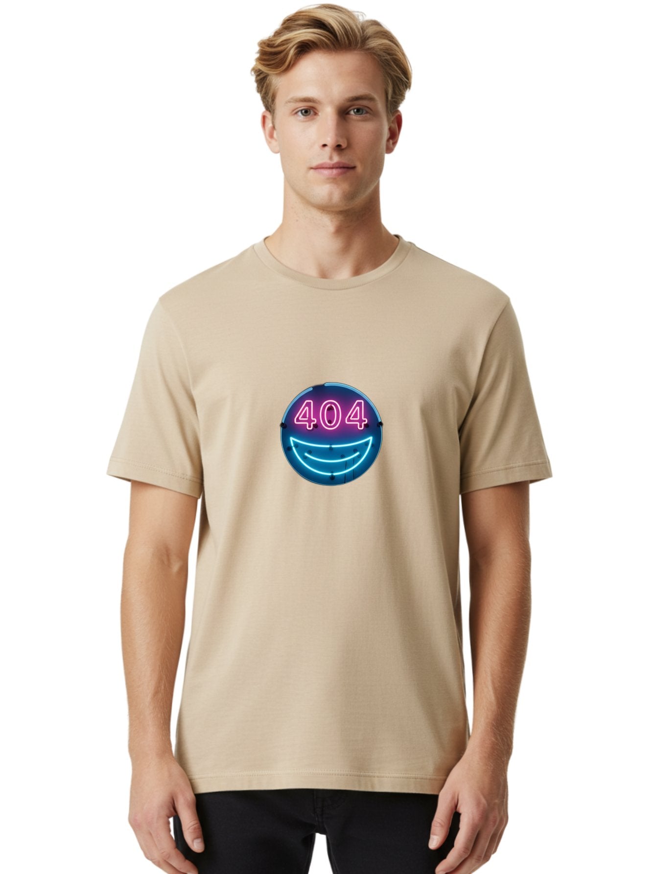 404-Smile Men'S Graphic Tee, 100% Cotton, Comfortable Casual Summer Wear, Machine Washable, Neon Smiley Face, 404 Error Message, Error Page, Pink Neon Numbers, Blue Neon Smile, Funny Error, Website Error, Glitch, Tech Humor, Cyber Smile, Baa109 19