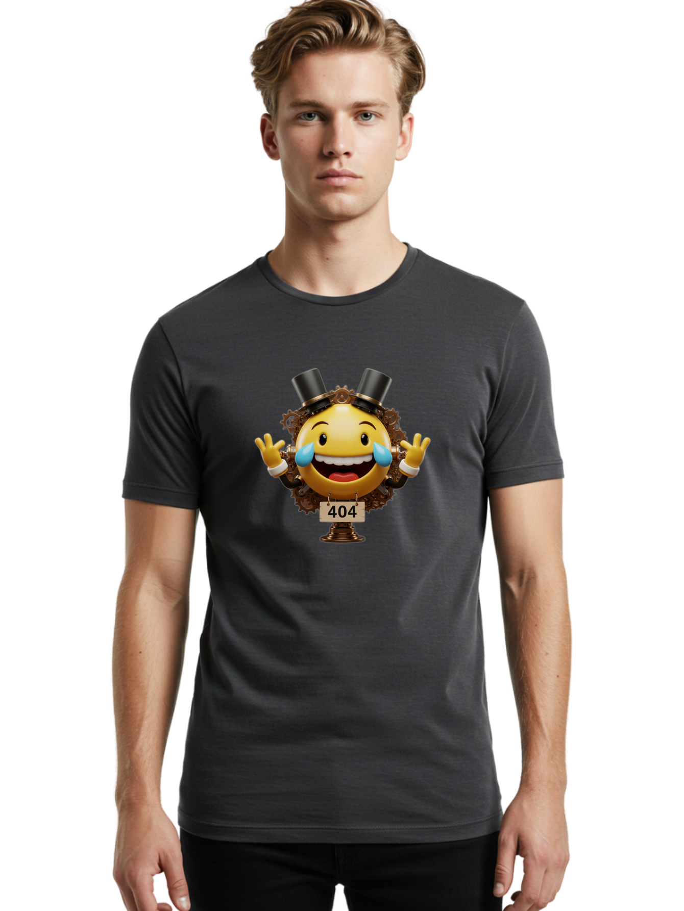 404-Steampunk-Emoji Men'S Graphic Tee, 100% Cotton, Comfortable Casual Summer Wear, Machine Washable, Steampunk Emoji, Laughing Crying Face, 404 Error Page, Steam Engine Gears, Top Hats, Quirky Design, Comical Illustration, Humorous Art, Baa110 4