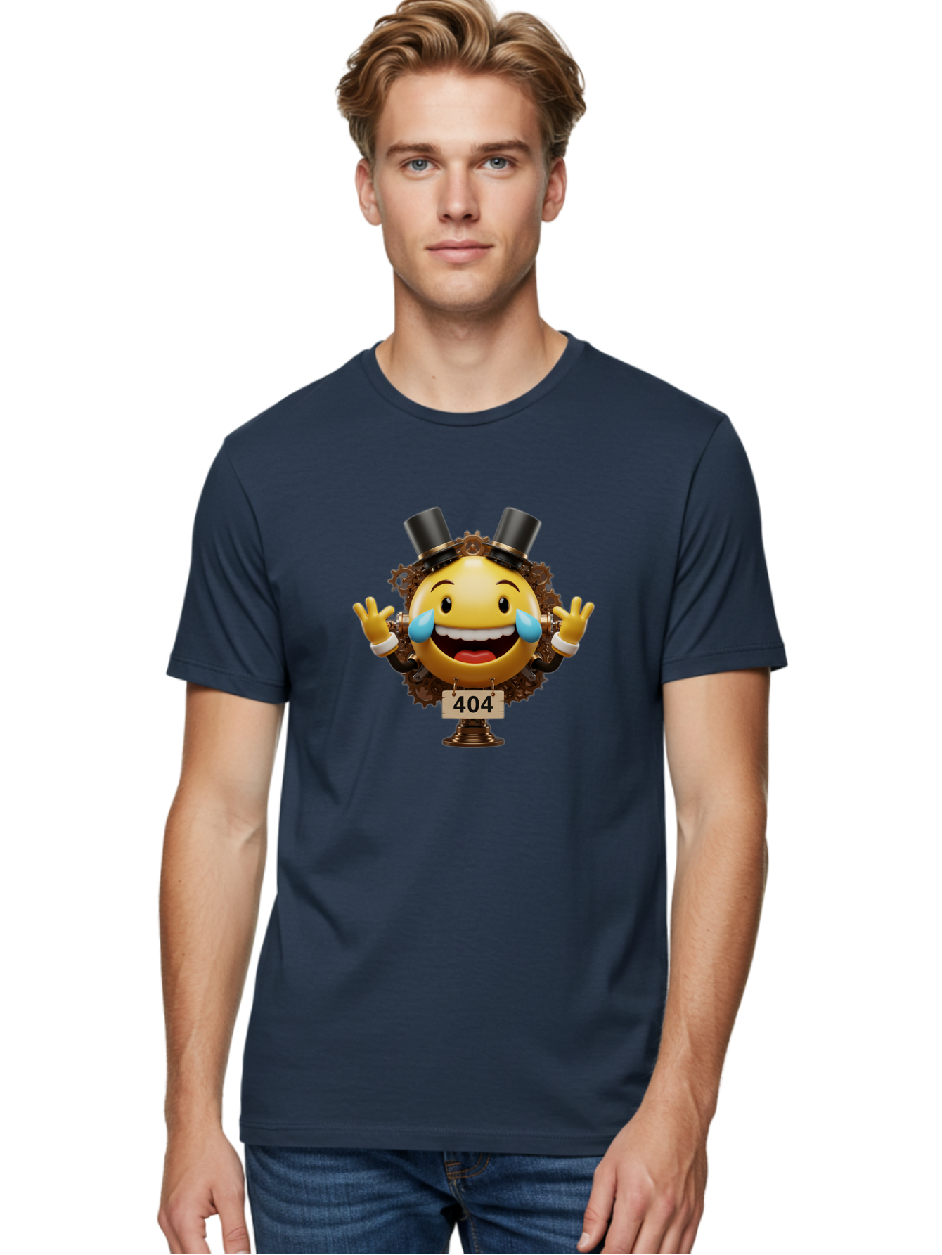 404-Steampunk-Emoji Men'S Graphic Tee, 100% Cotton, Comfortable Casual Summer Wear, Machine Washable, Steampunk Emoji, Laughing Crying Face, 404 Error Page, Steam Engine Gears, Top Hats, Quirky Design, Comical Illustration, Humorous Art, Baa110 18