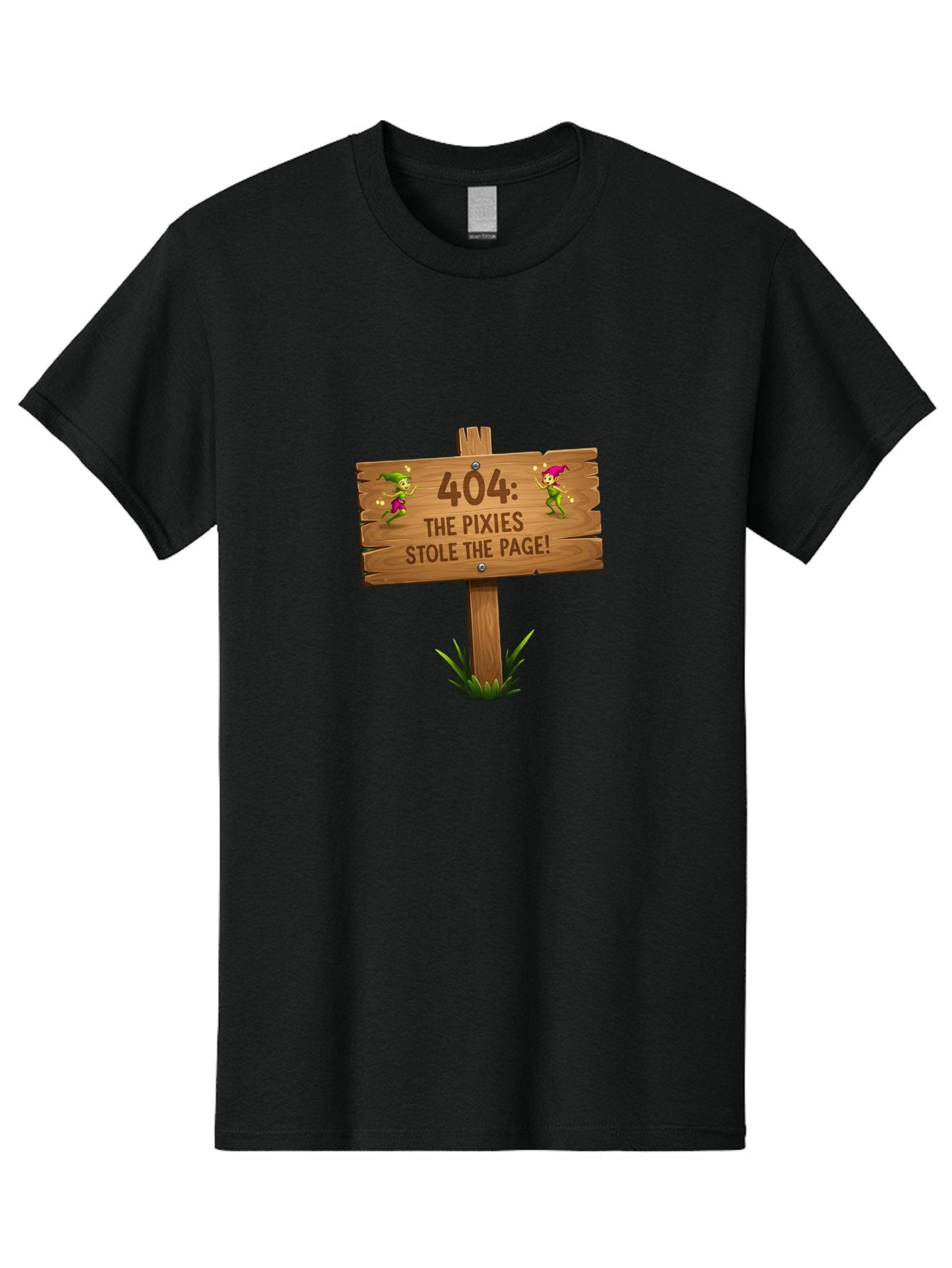 404-The-Pixies-Stole-The-Page Men'S Graphic Tee, 100% Cotton, Comfortable Casual Summer Wear, Machine Washable, Wooden Sign, Error 404, Mischievous Pixies, Lost Page, Playful Elves, Digital Mishaps, Website Errors, Fun, Mythical Creatures, Baa111 9